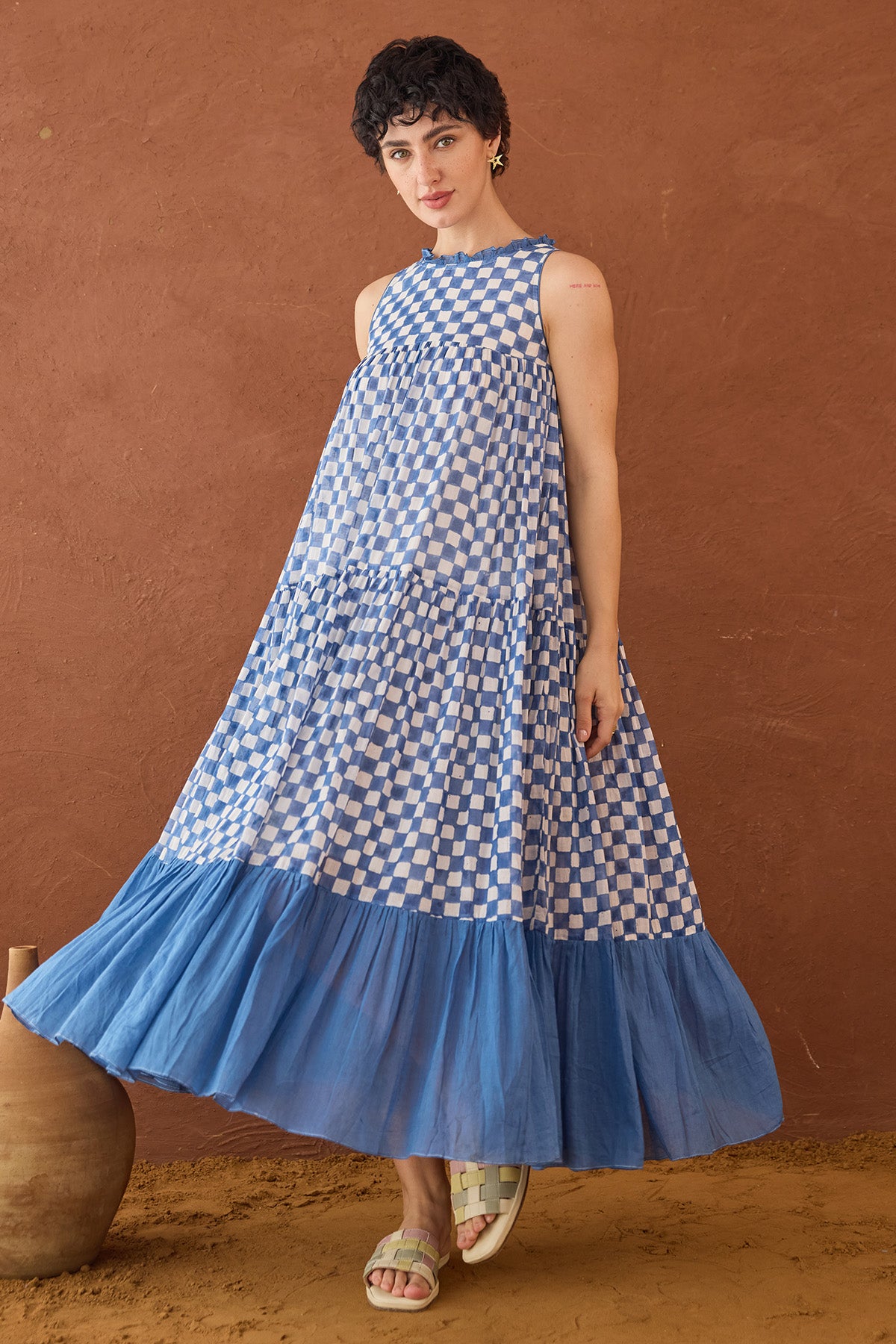 Block Printed Checks Blue Dress
