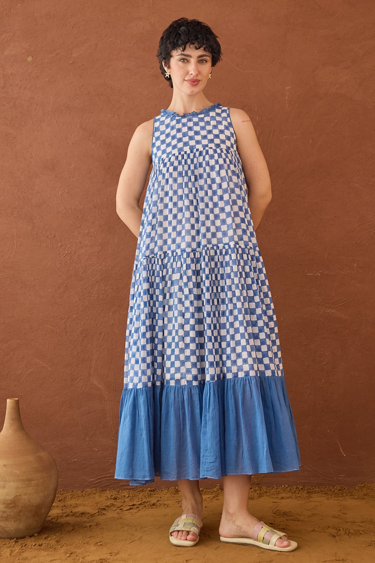 Buy Block Printed Checks Blue Dress by Taro India for women online at ScrollnShops