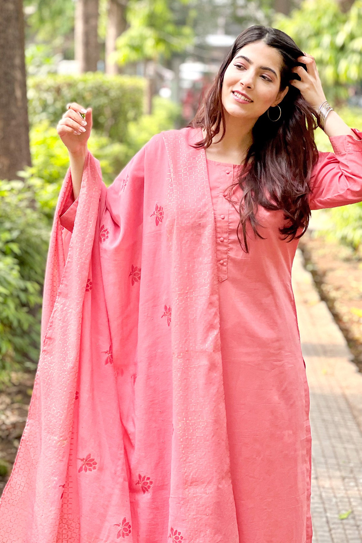 Block Printed Peach Kurta Set