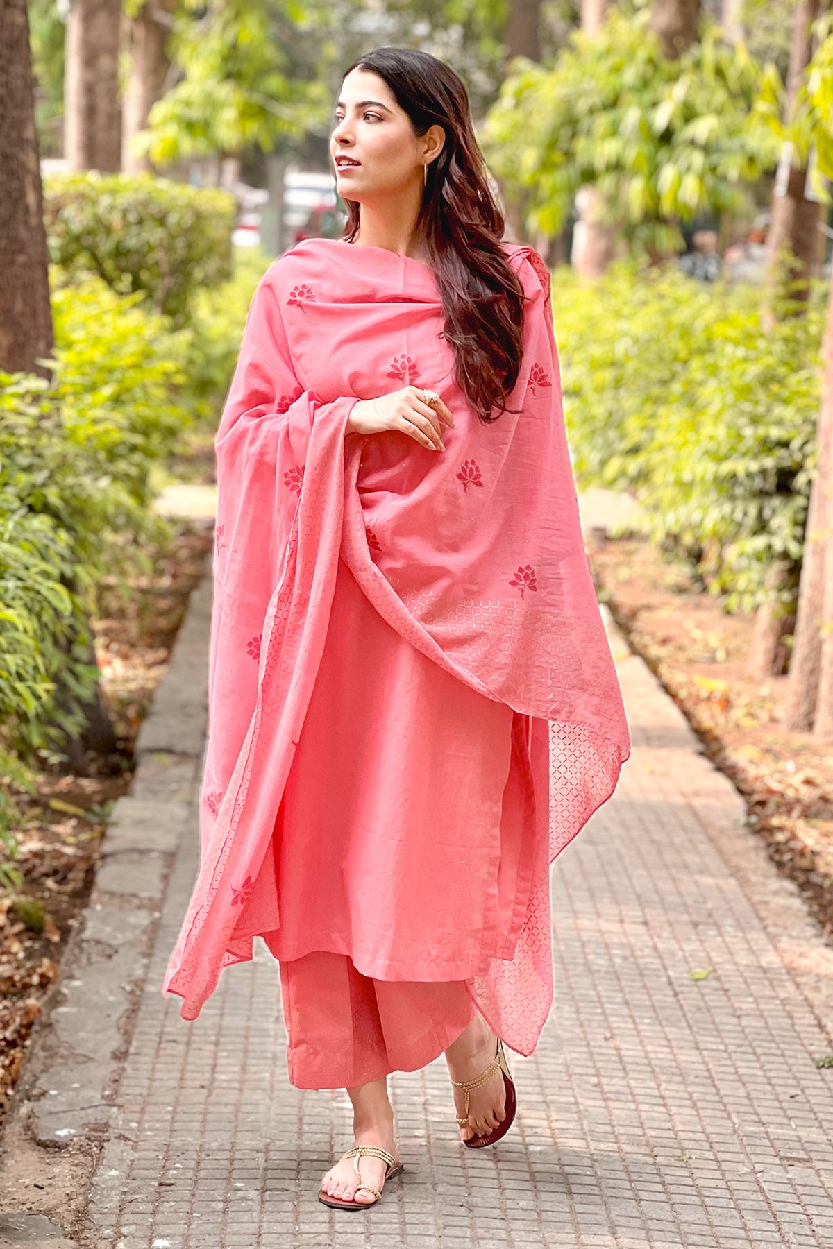 Block Printed Peach Kurta Set