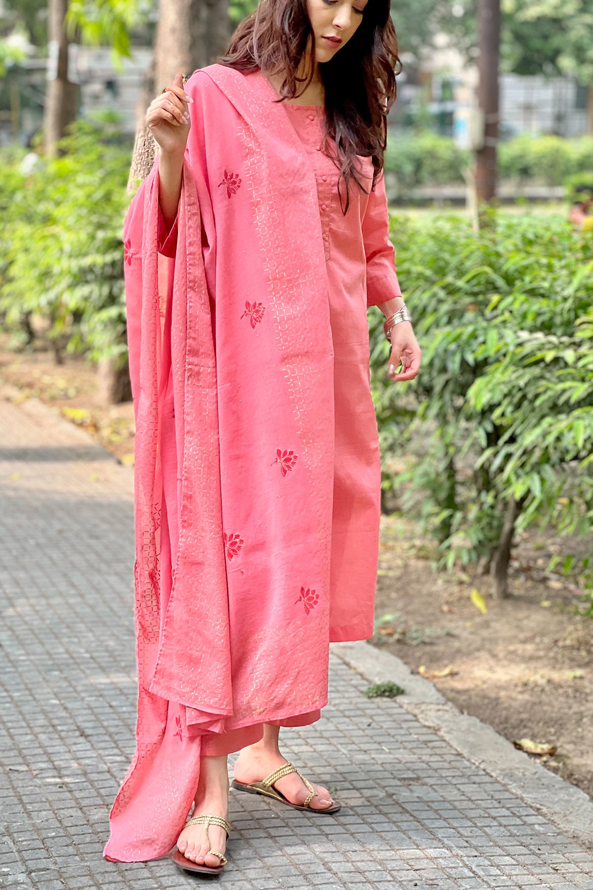 Block Printed Peach Kurta Set