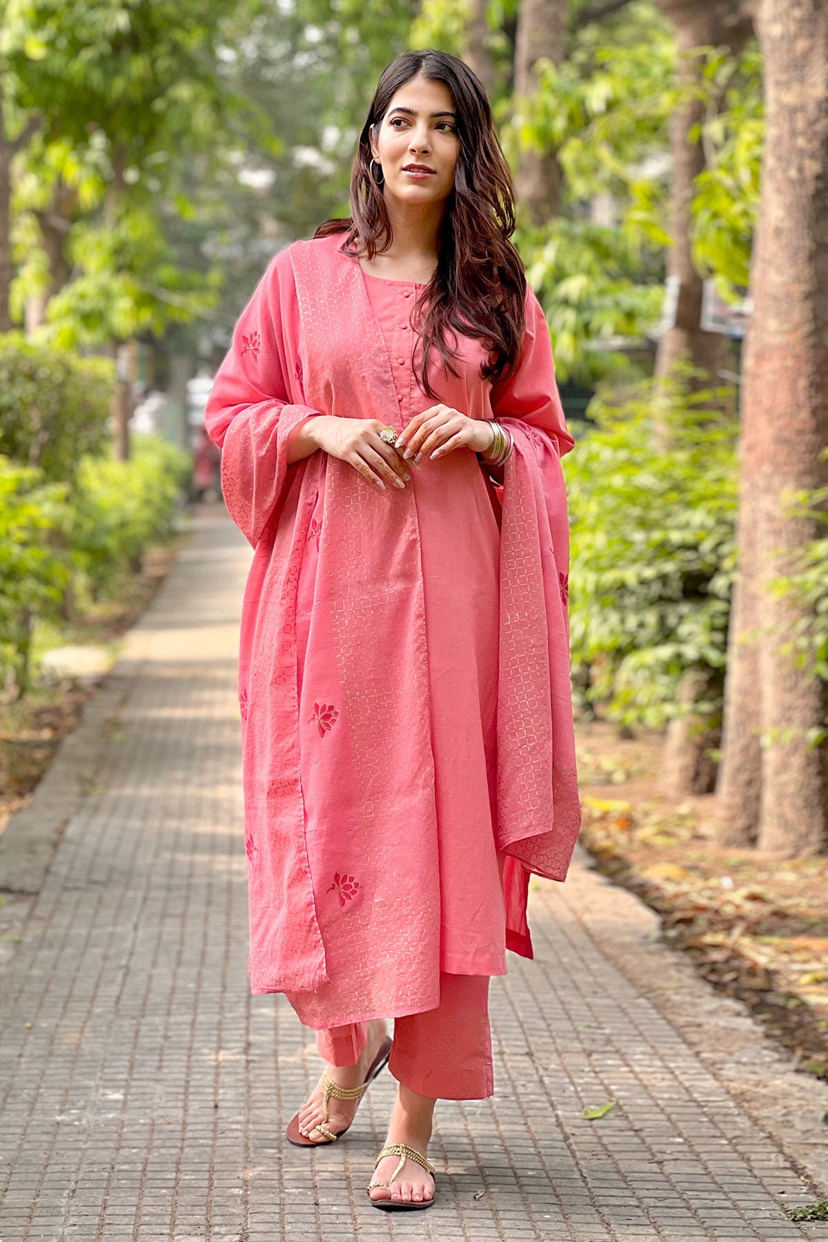 Buy Block Printed Peach Kurta Set for women by The Hemming Bird online available at scrollnshops