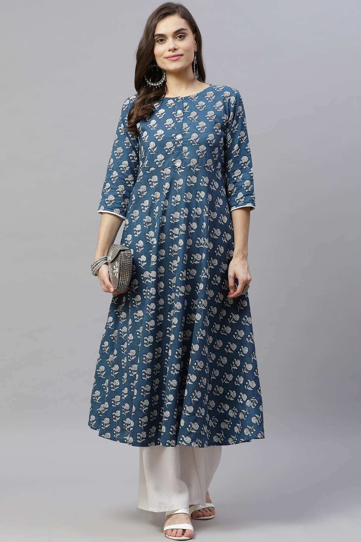 Blue Blossom Print Anarkali Kurta