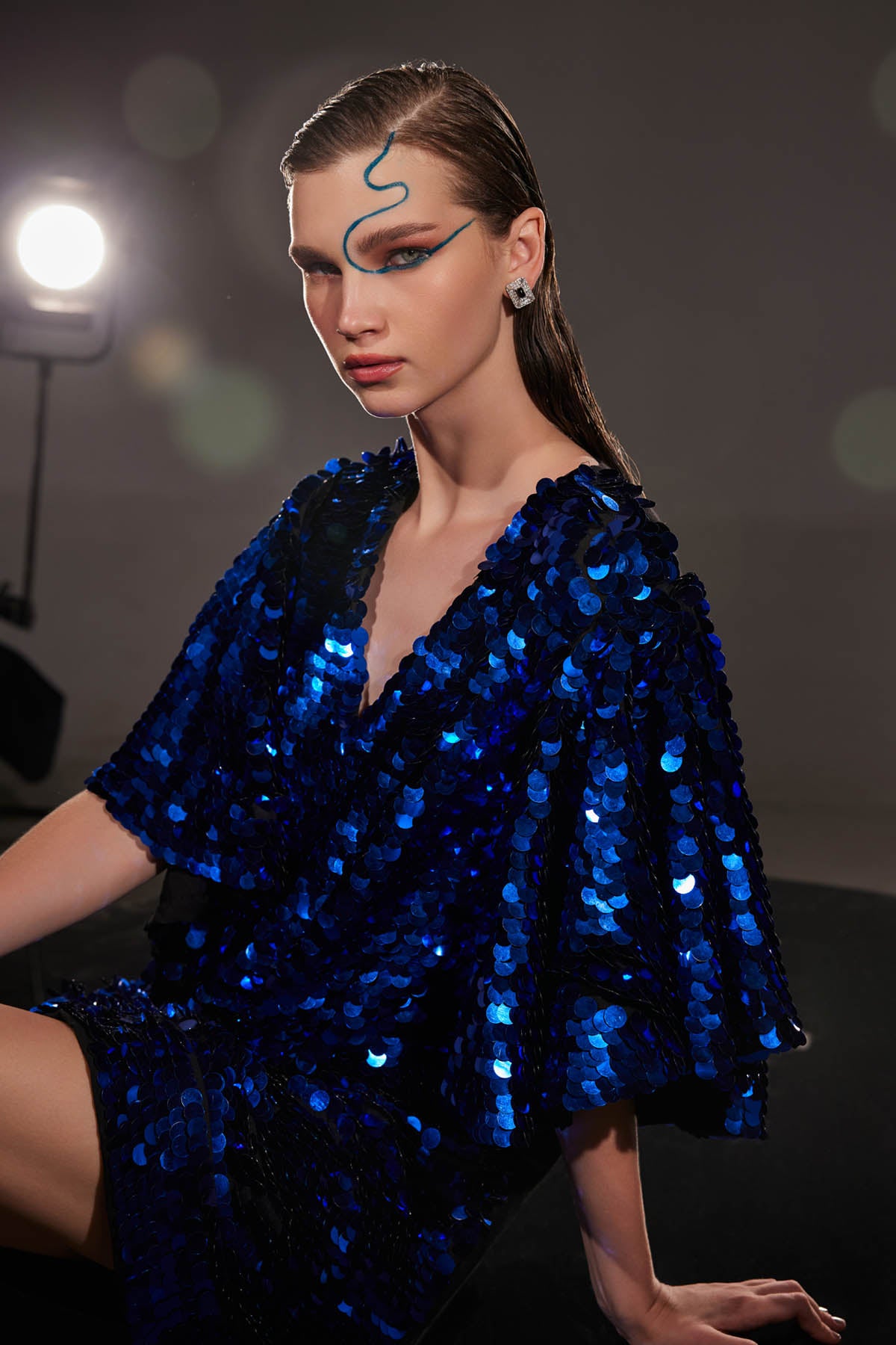 Blue Batwing Style Sequins Dress