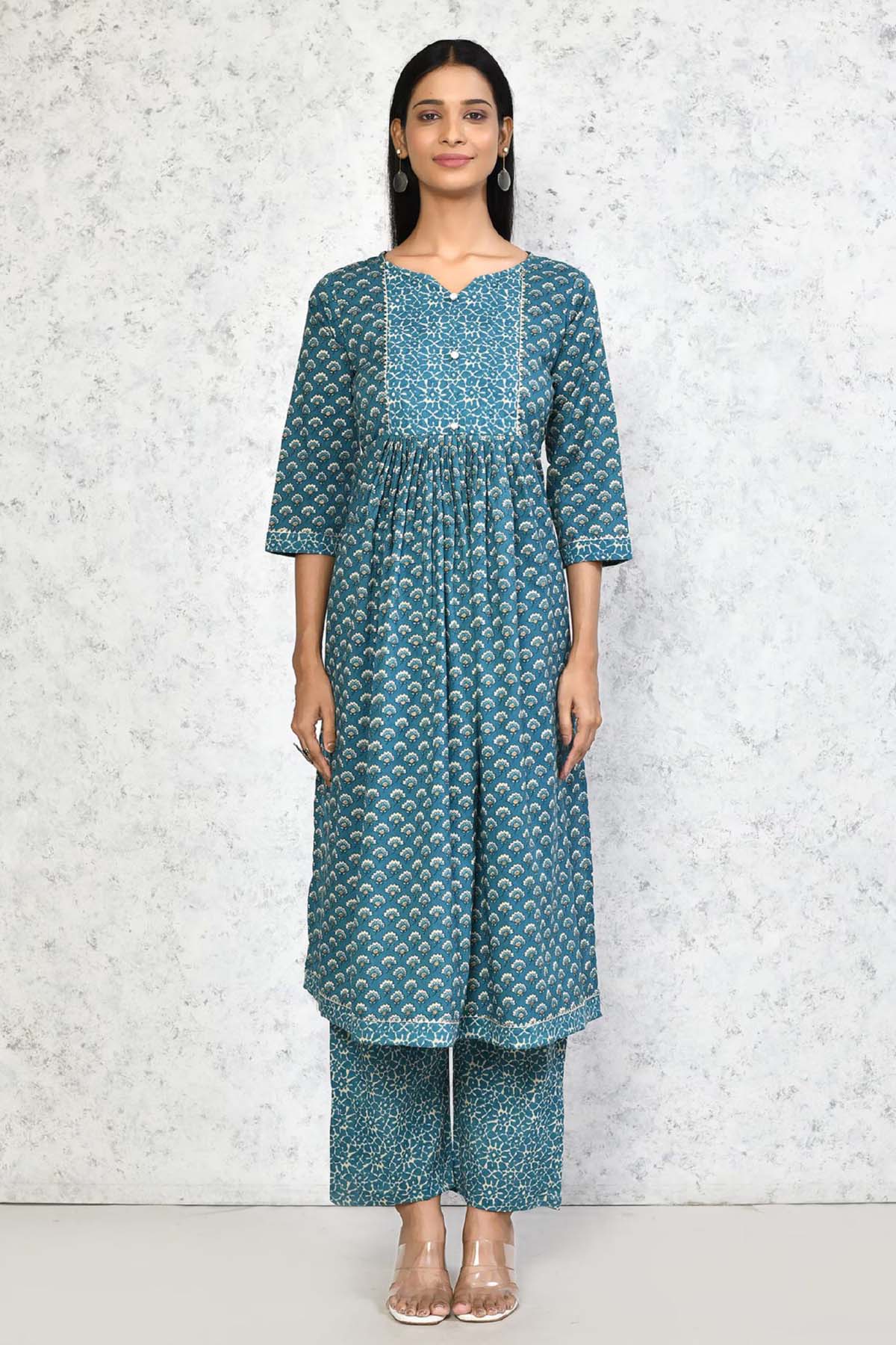 Blue Cotton Flared Kurta Set