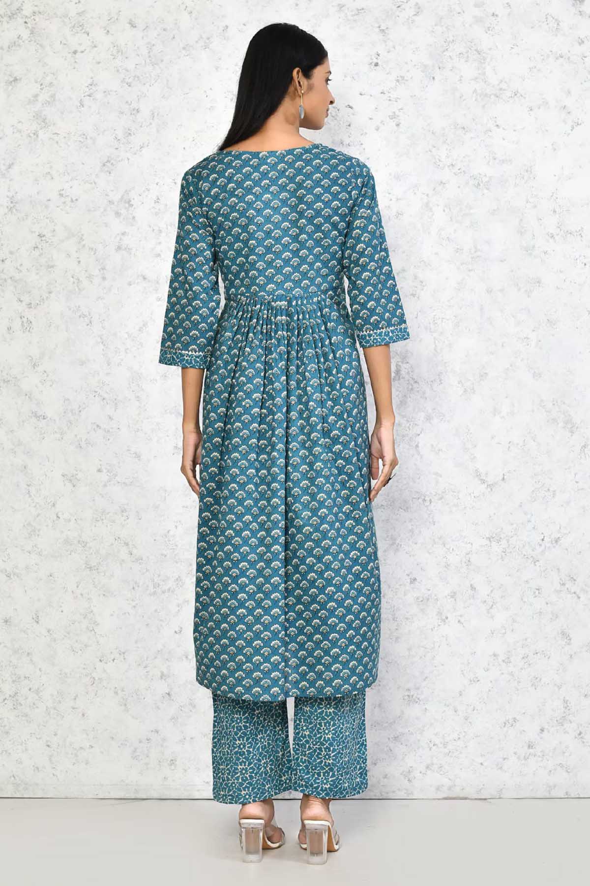 Blue Cotton Flared Kurta Set