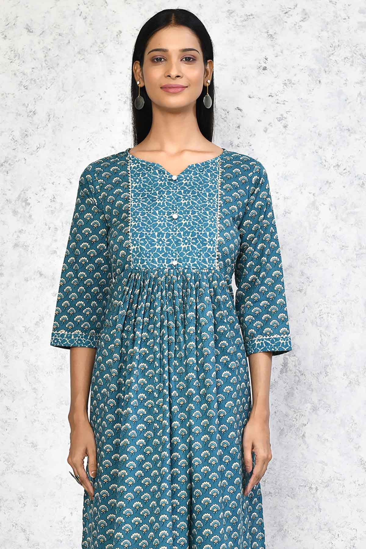 Blue Cotton Flared Kurta Set
