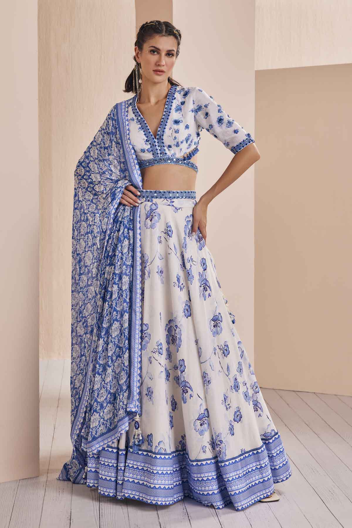 Blue Chanderi Floral Print Lehenga Set