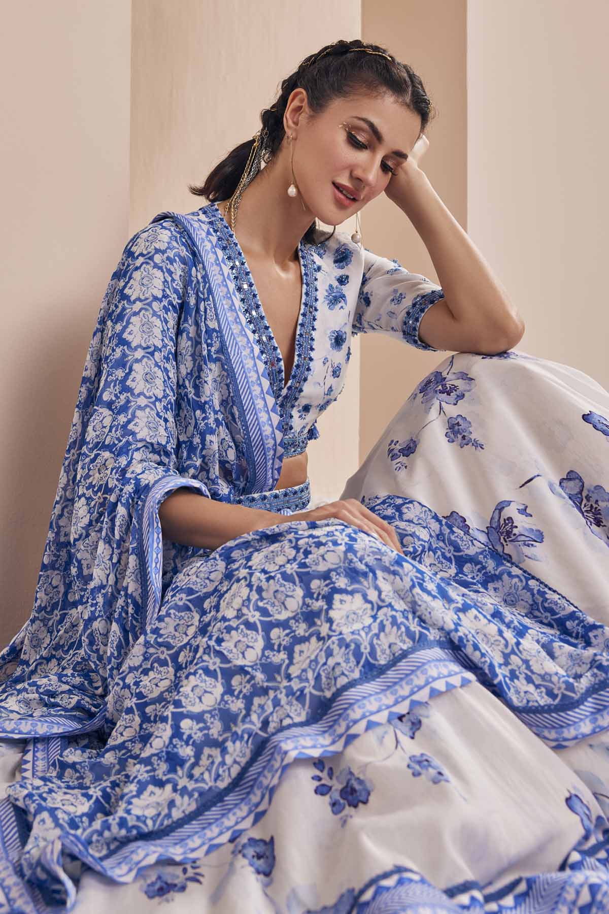 Blue Chanderi Floral Print Lehenga Set