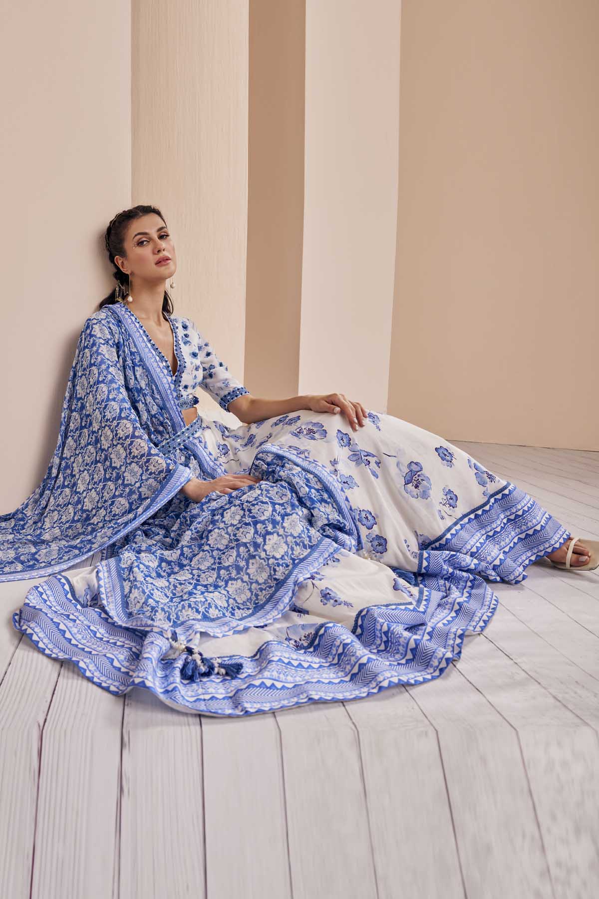 Blue Chanderi Floral Print Lehenga Set