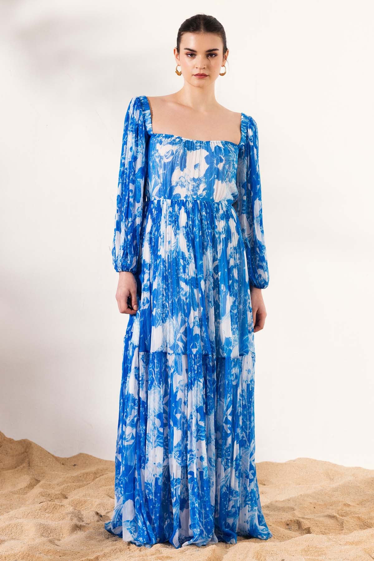Blue Chiffon Printed Maxi Dress