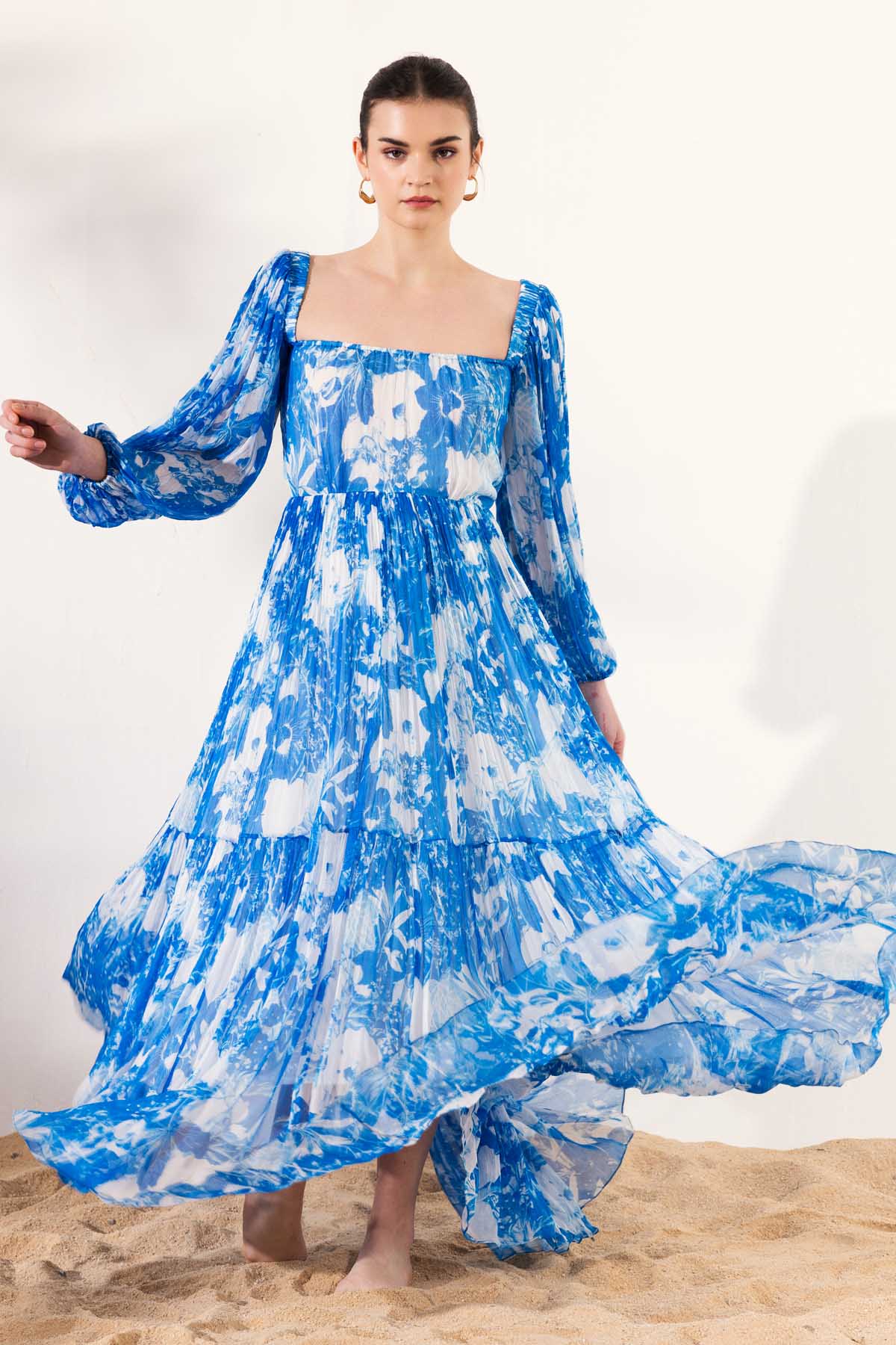 Blue Chiffon Printed Maxi Dress
