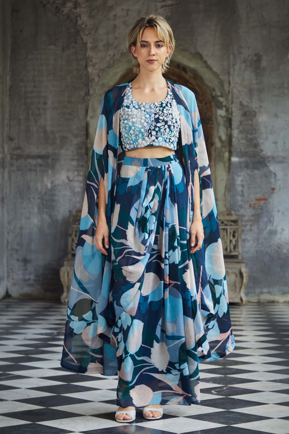 Blue Chinon Skirt & Jacket Set