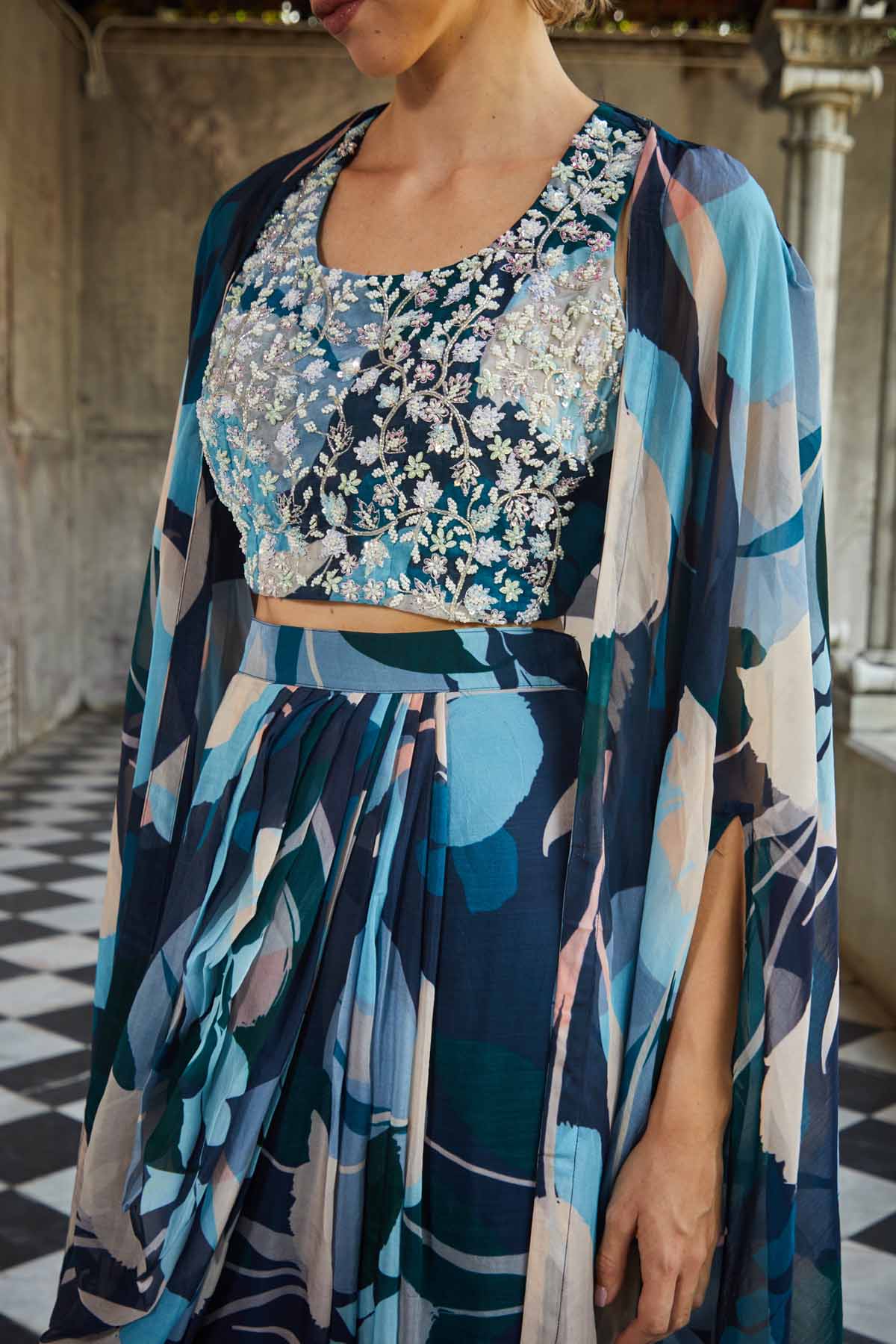 Blue Chinon Skirt & Jacket Set