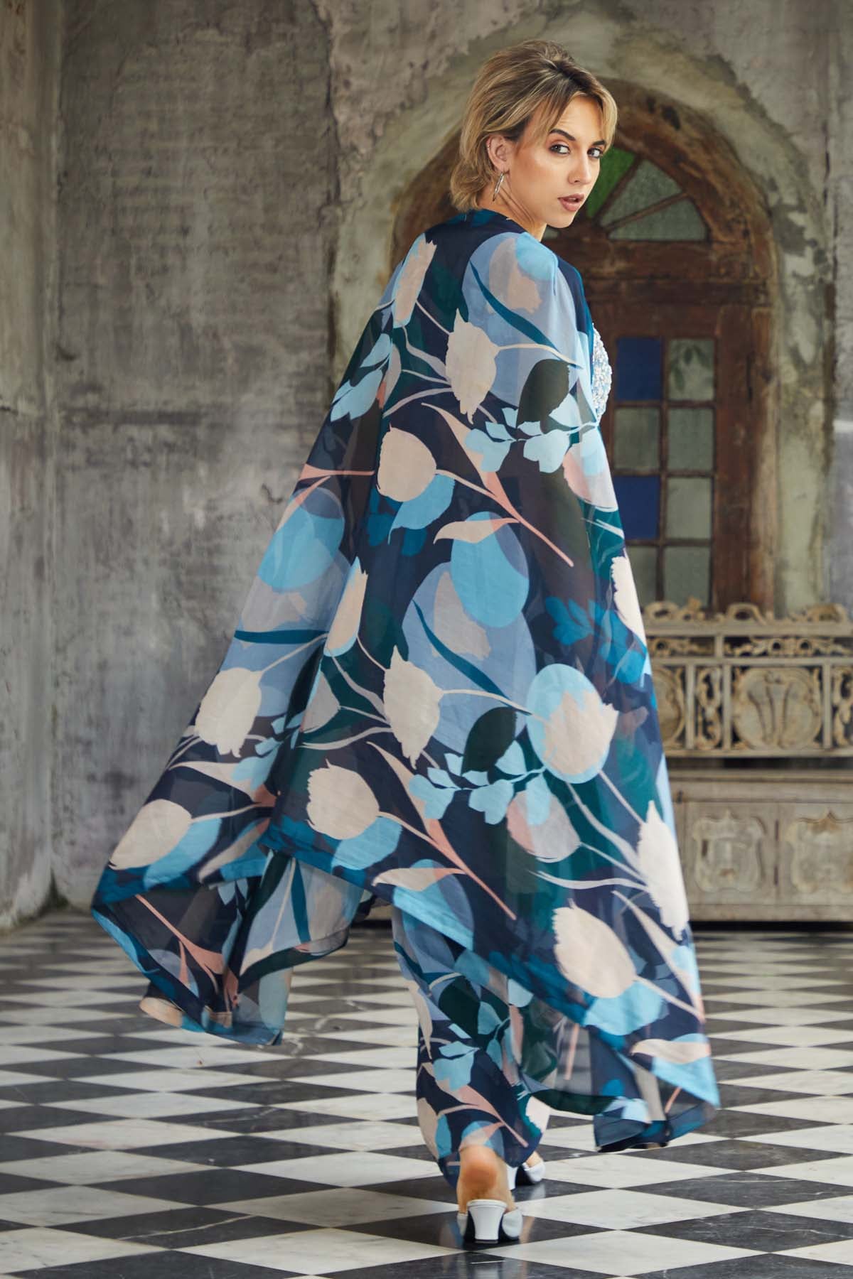 Blue Chinon Skirt & Jacket Set