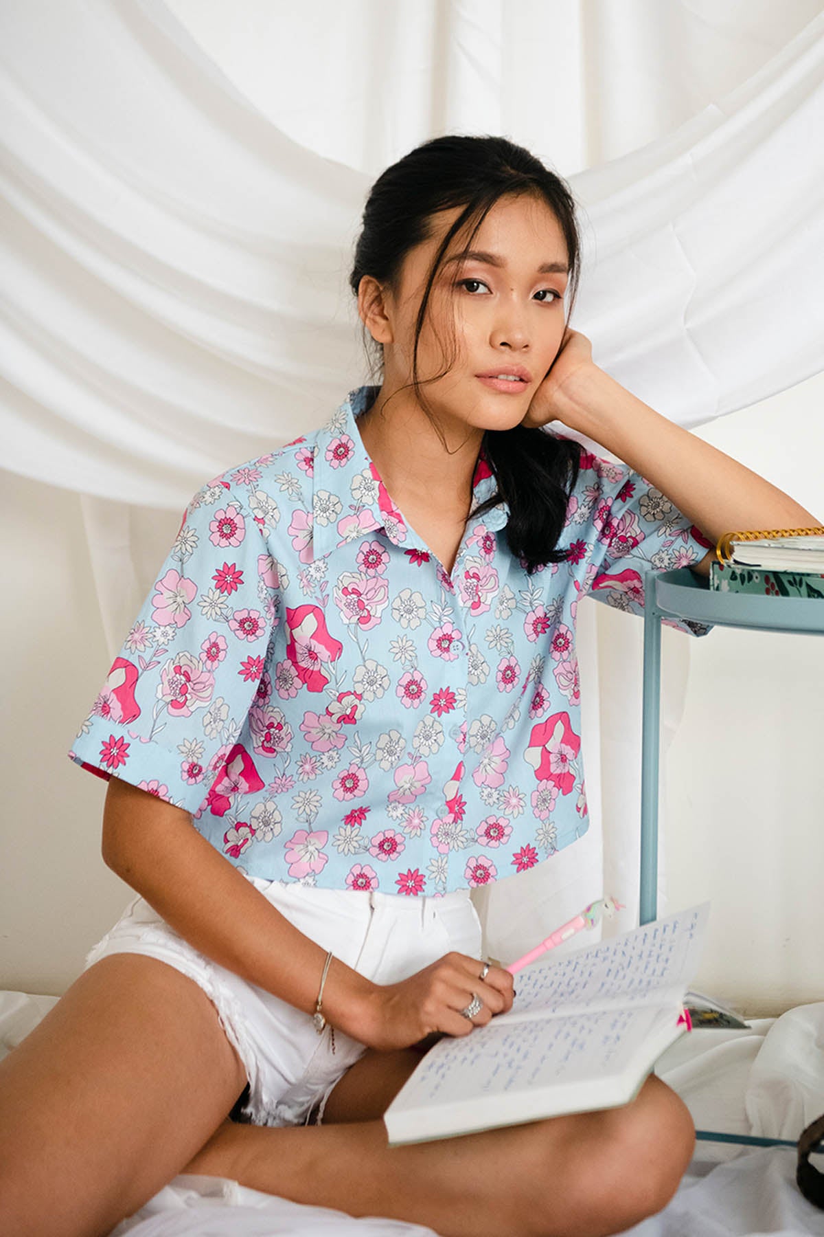 Blue Cotton Floral Print Shirt