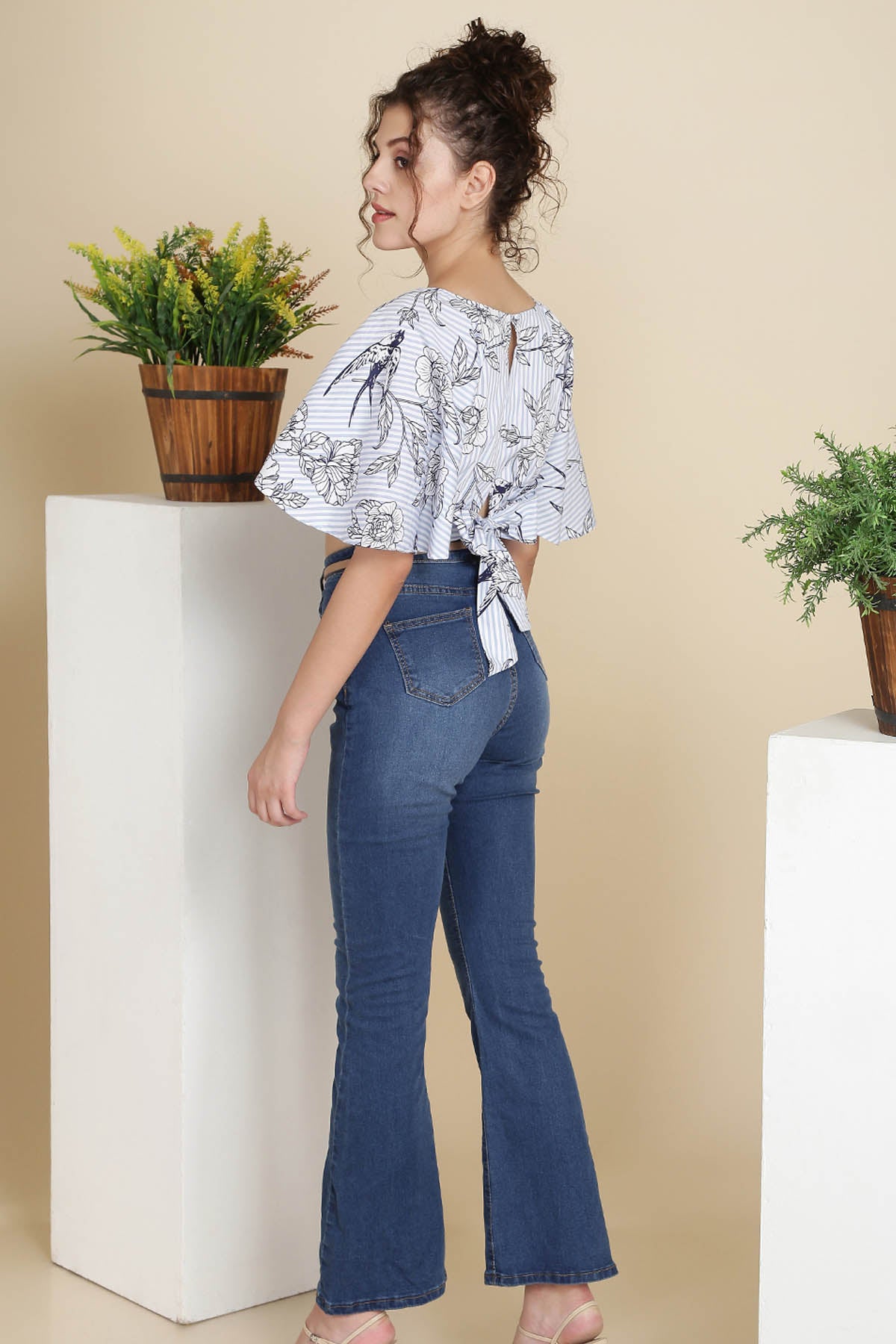 Blue Cotton Printed Crop Top