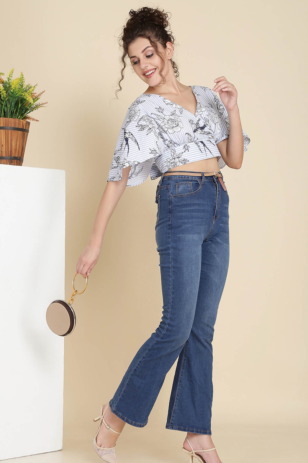 Blue Cotton Printed Crop Top