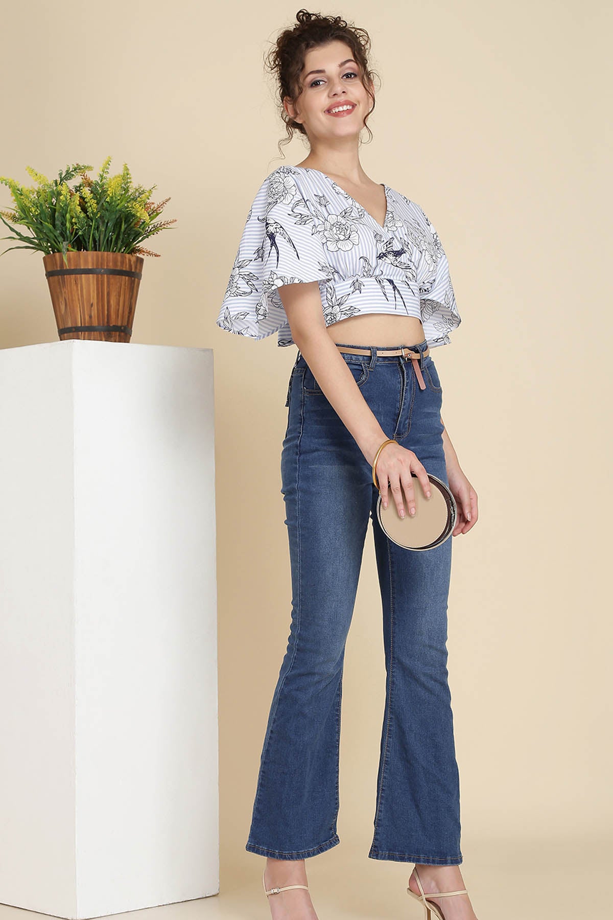 Blue Cotton Printed Crop Top