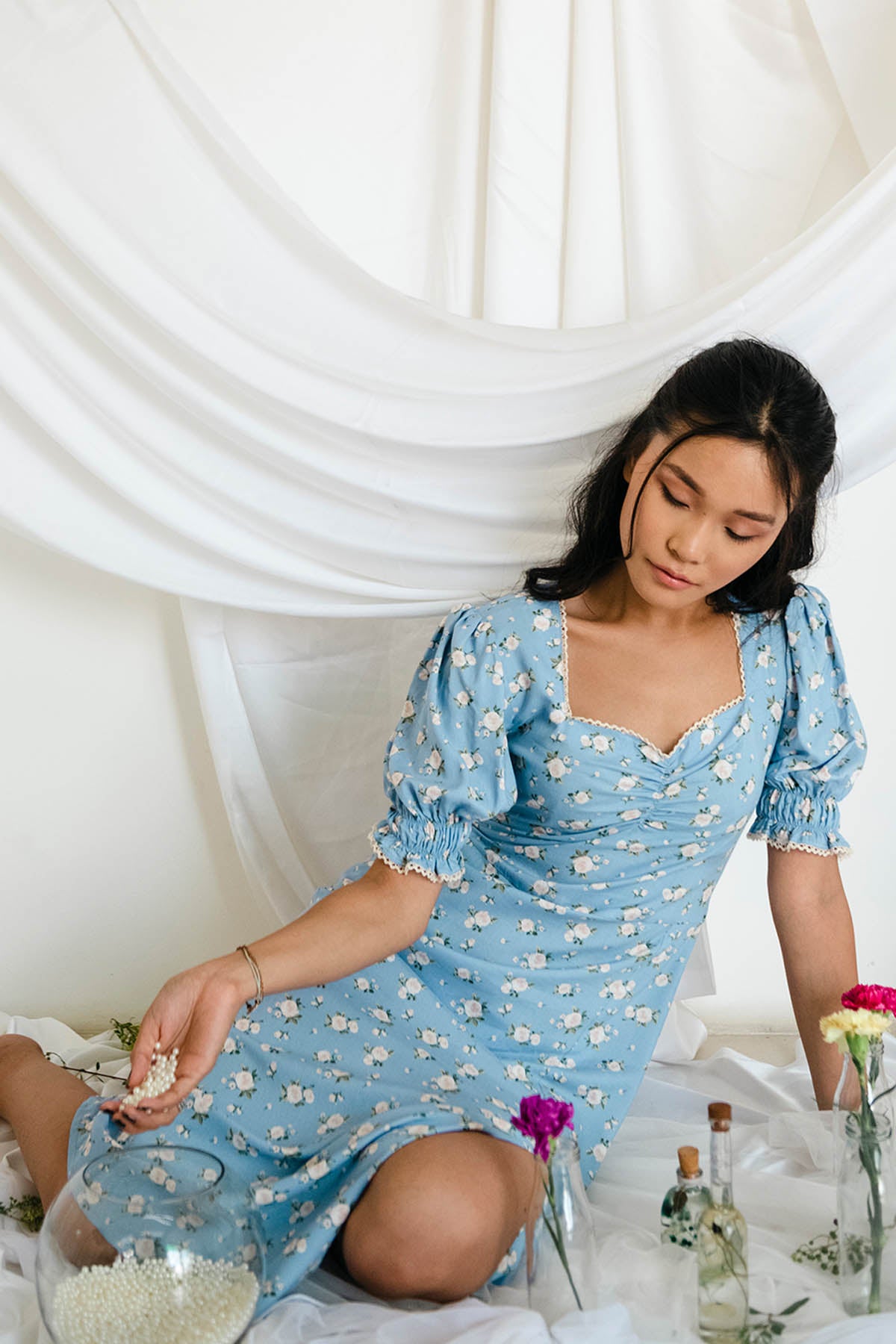 Blue Cotton Puff Sleeves Dress