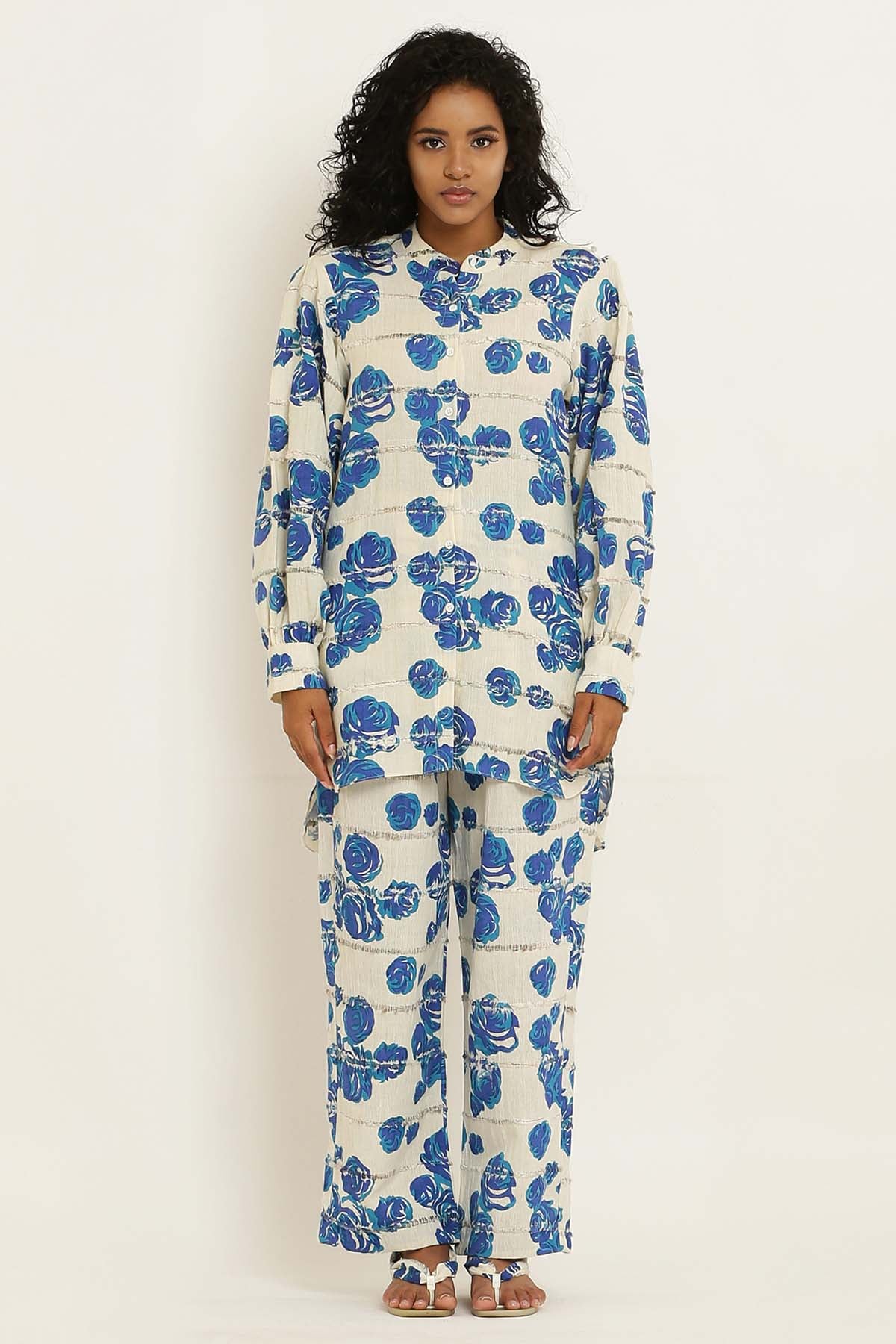 Blue Cotton Rose Print Pants