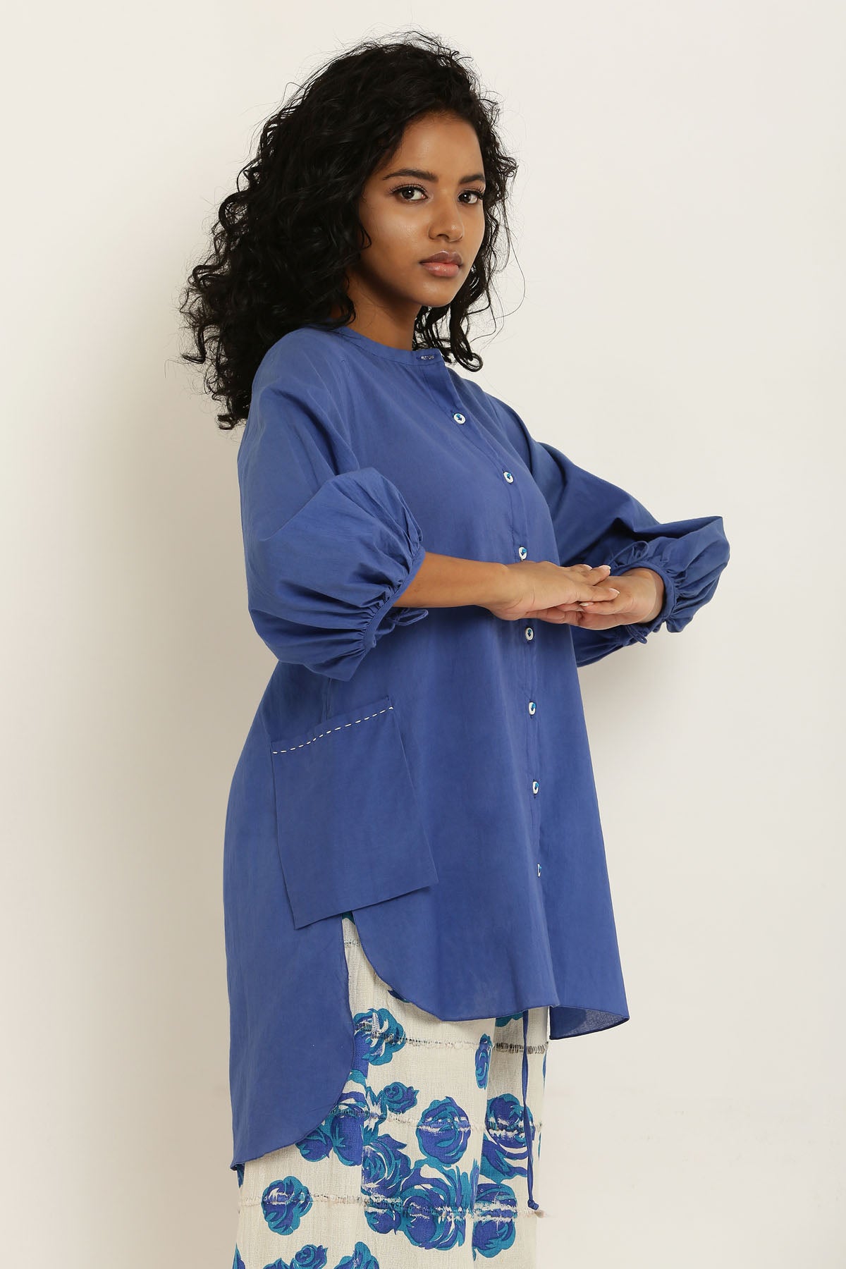 Blue Cotton Shirt & Floral Pants