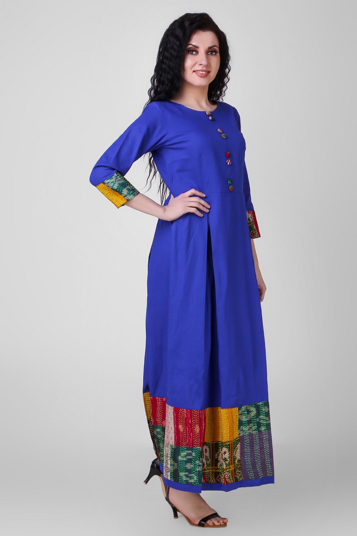 Blue Cotton Silk Kantha Dress