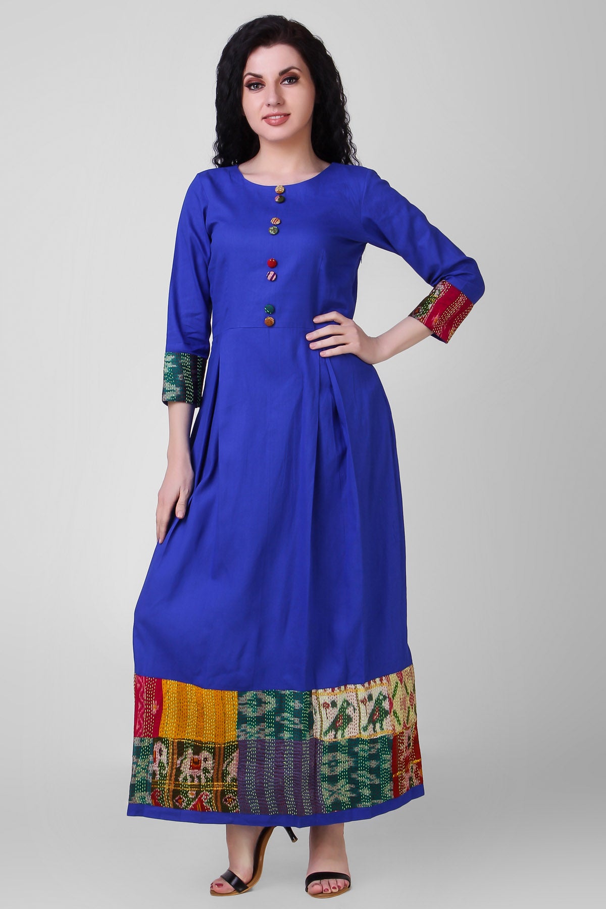 Blue Cotton Silk Kantha Dress