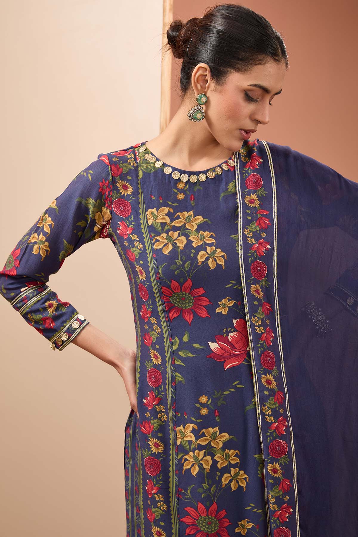 Blue Cotton Silk Print Kurta Set