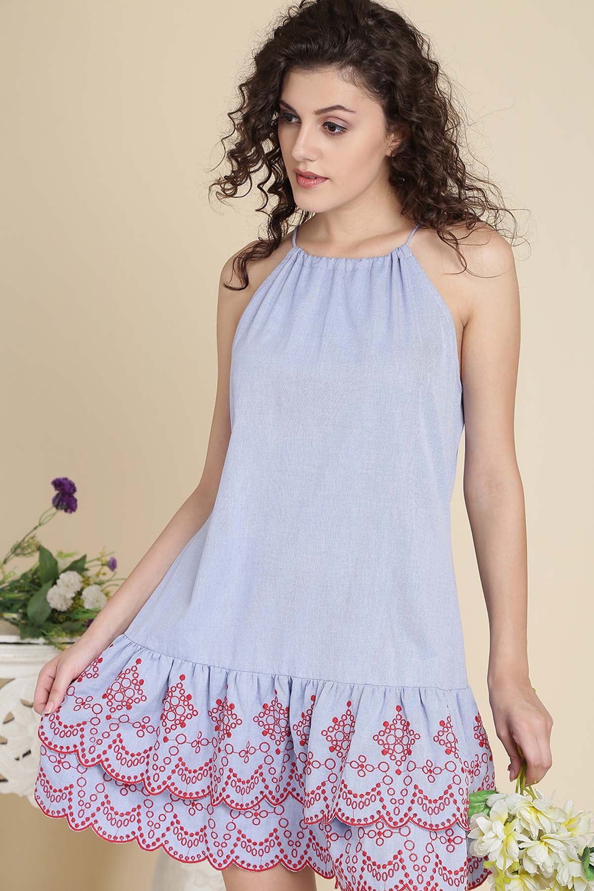 Blue Cotton Strappy Mini Dress