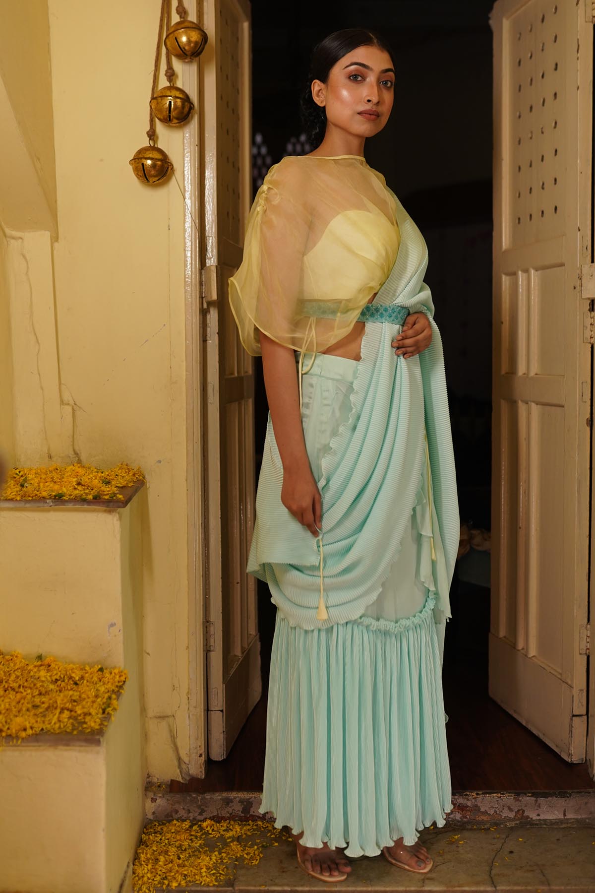 Blue Crinkled Pre Drape Saree Set