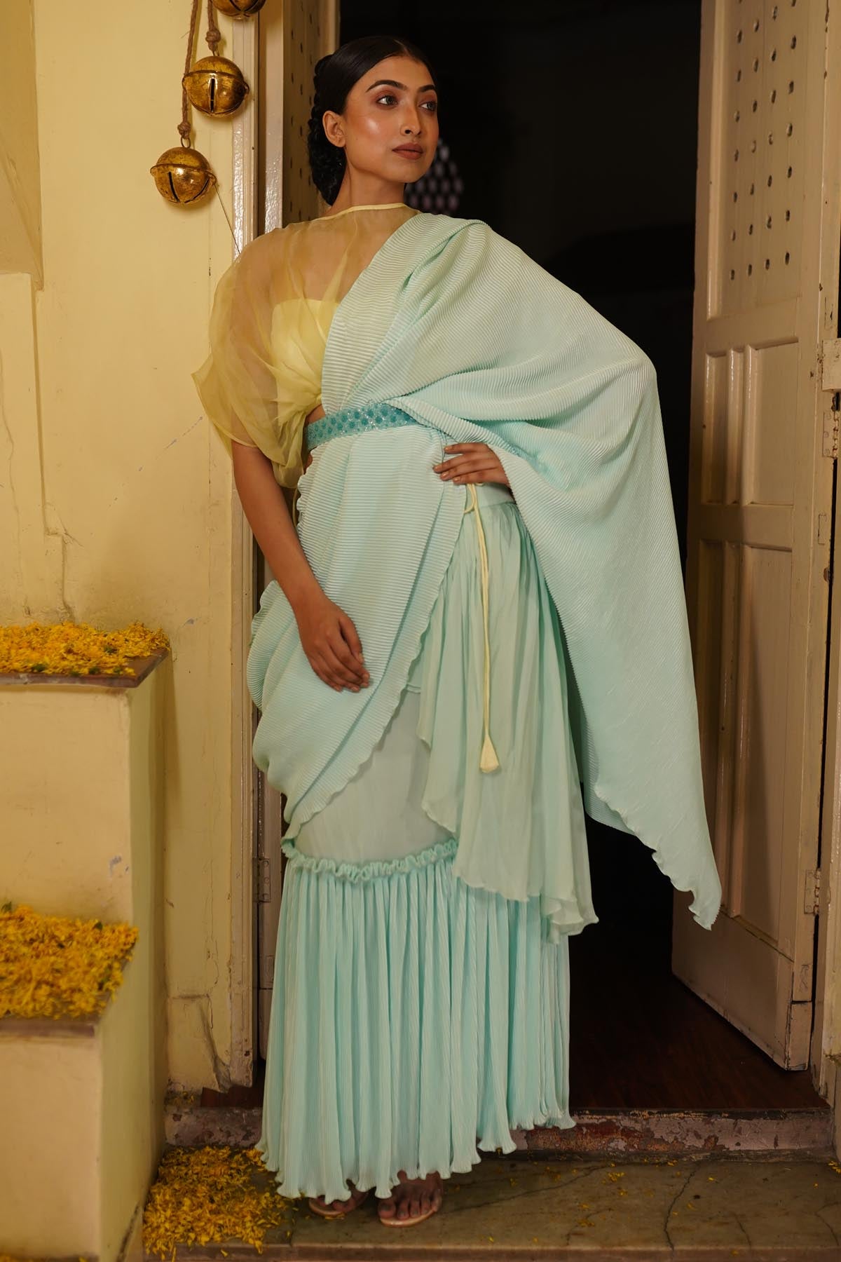Blue Crinkled Pre Drape Saree Set