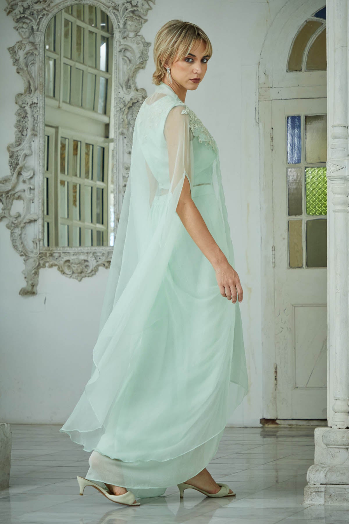 Blue Drape Skirt & Jacket Set