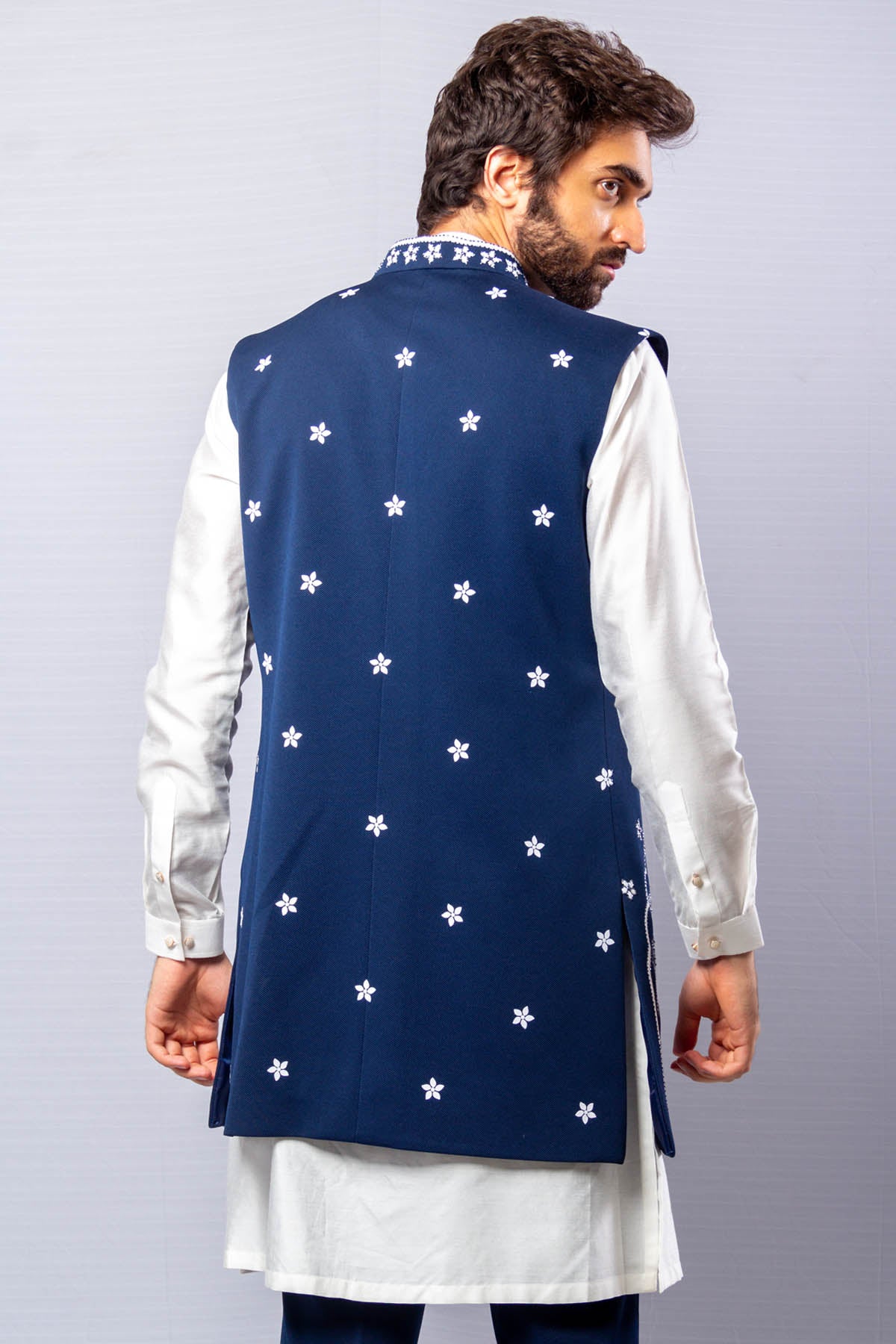 Blue Long Open Jacket Set