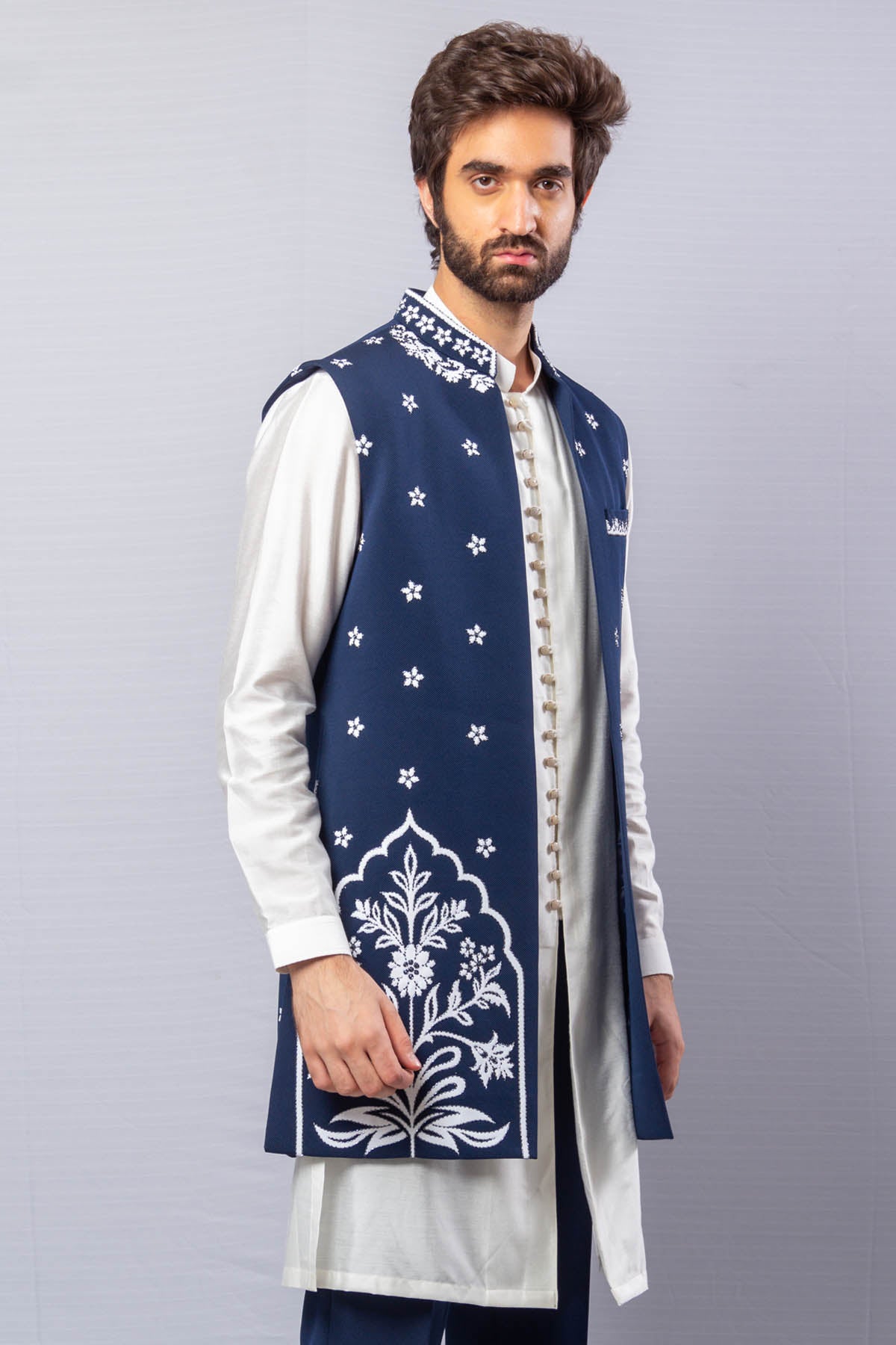 Blue Long Open Jacket Set