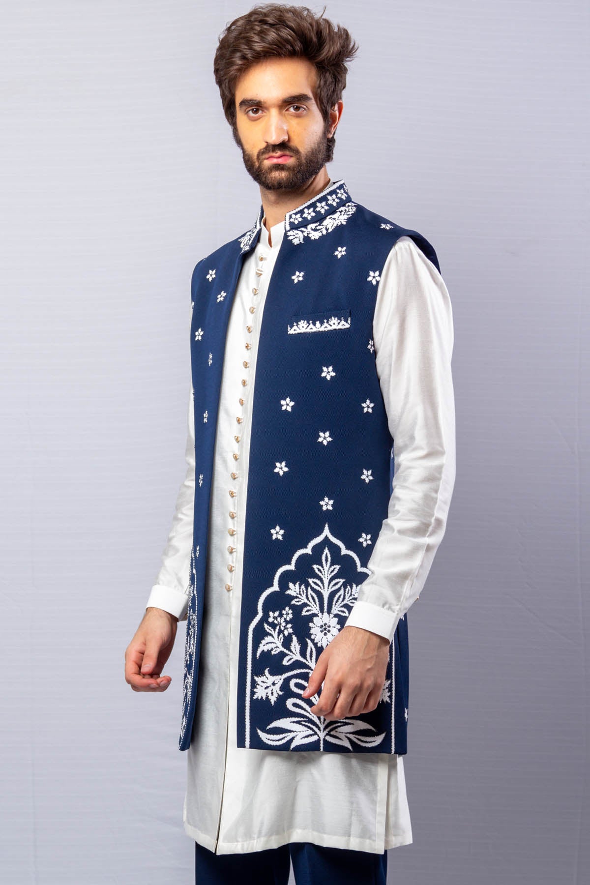 Blue Long Open Jacket Set