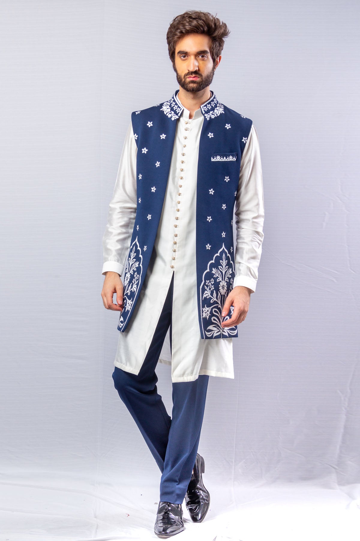 Blue Long Open Jacket Set