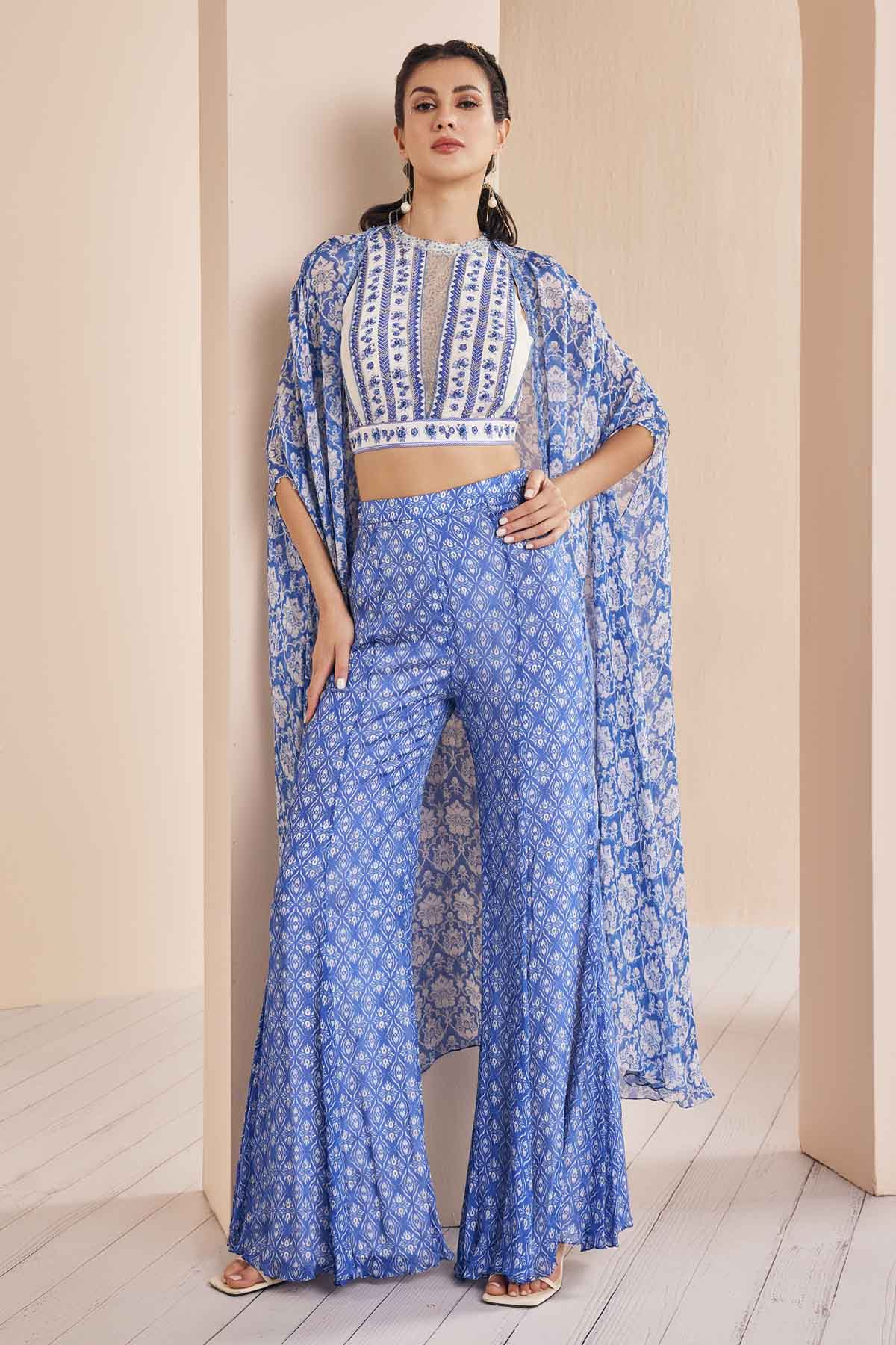 Blue Embroidered Cape & Sharara Set