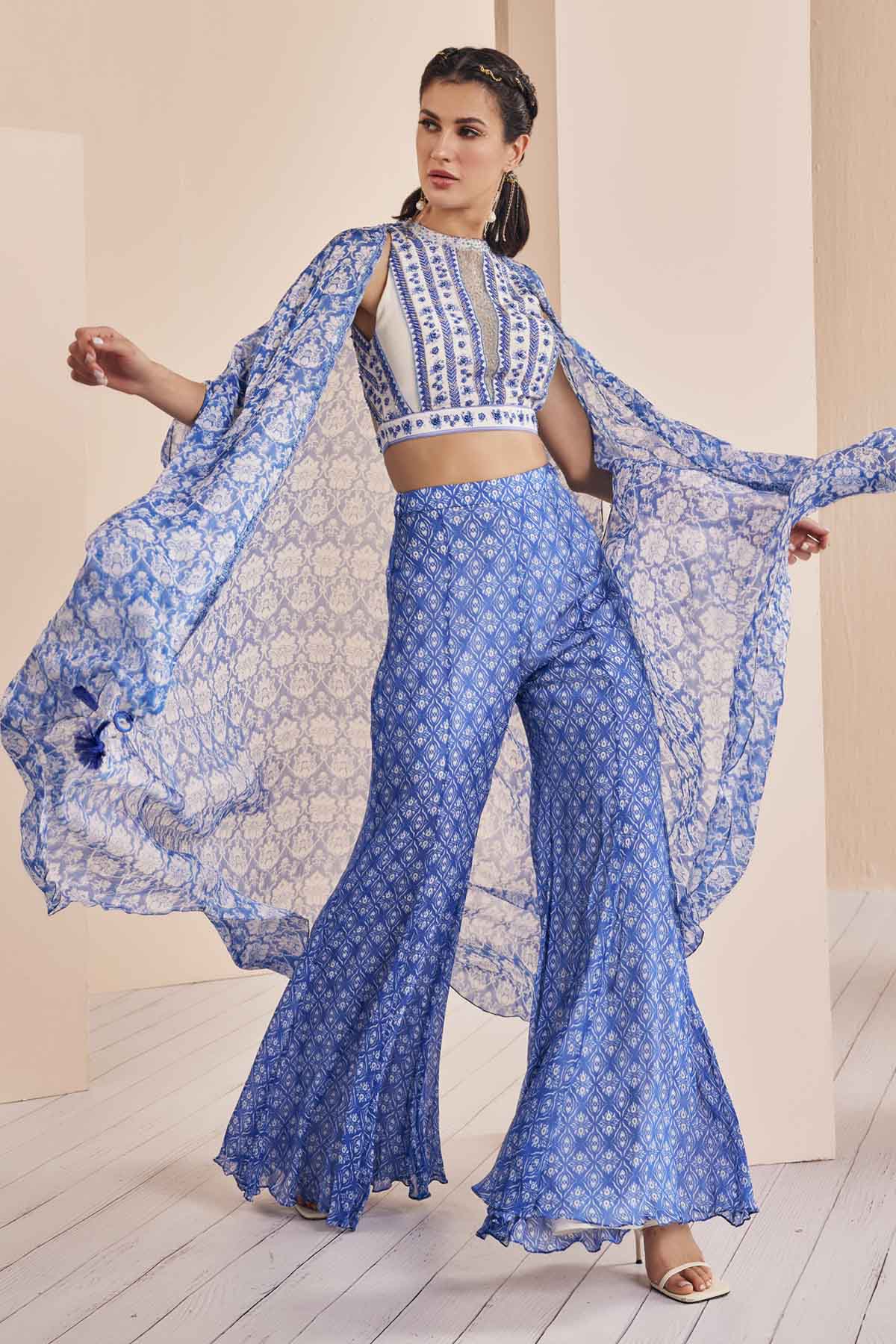 Blue Embroidered Cape & Sharara Set
