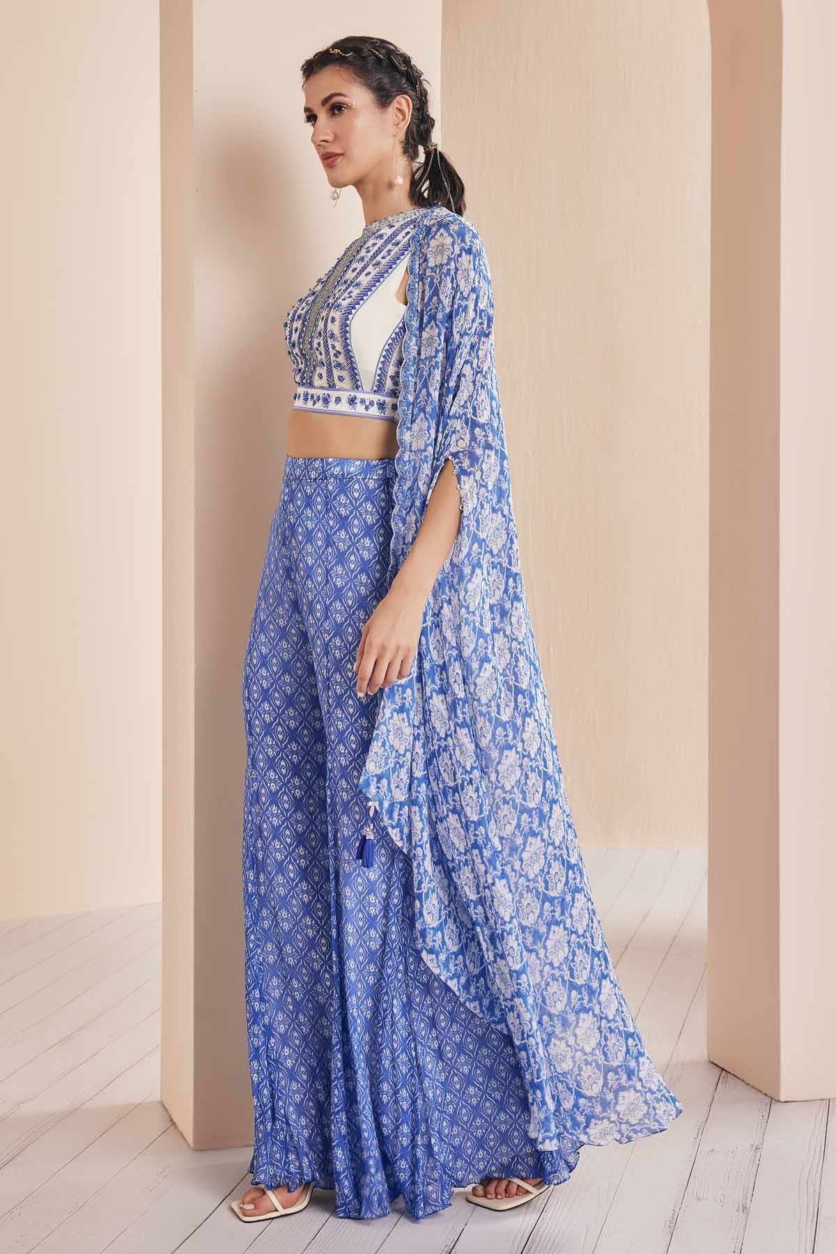 Blue Embroidered Cape & Sharara Set