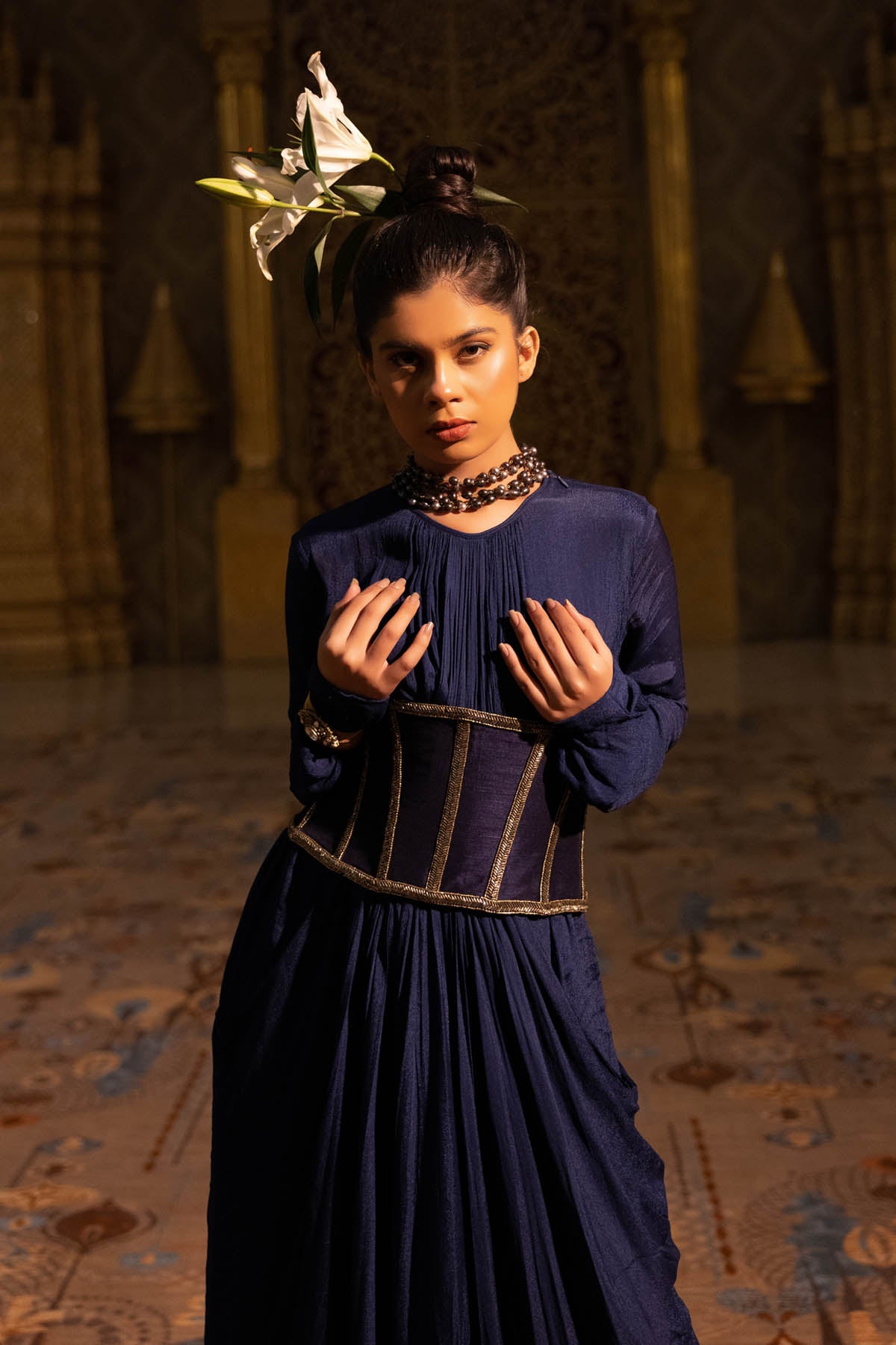 Blue Embroidered Drape Dress