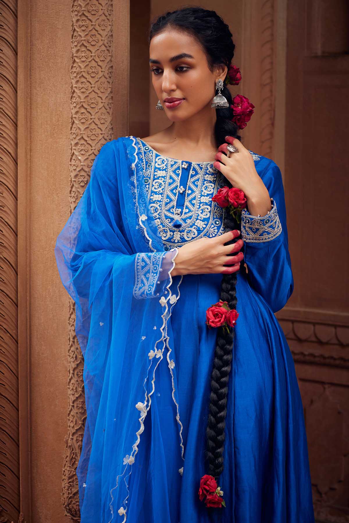 Blue Embroidered Kalidar Set