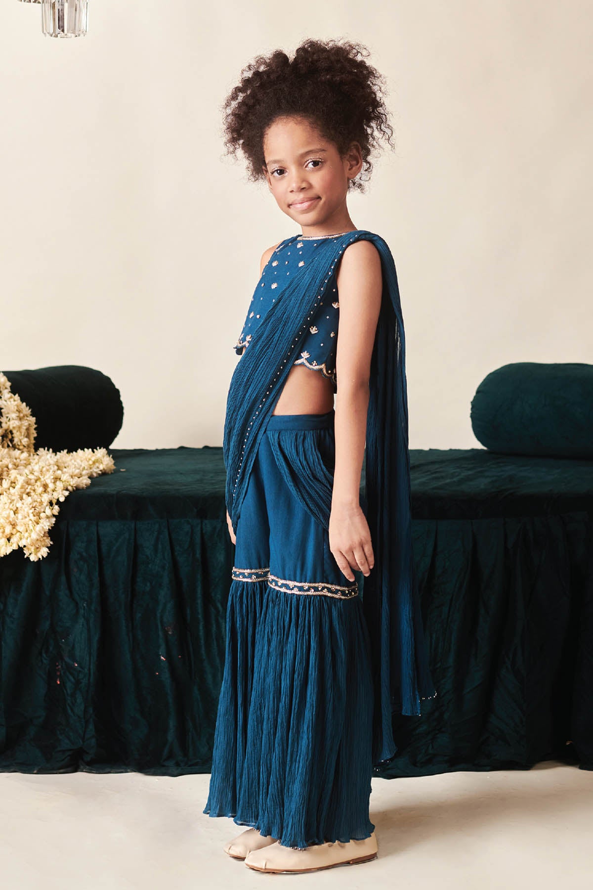 Blue Embroidered Sharara Saree Set