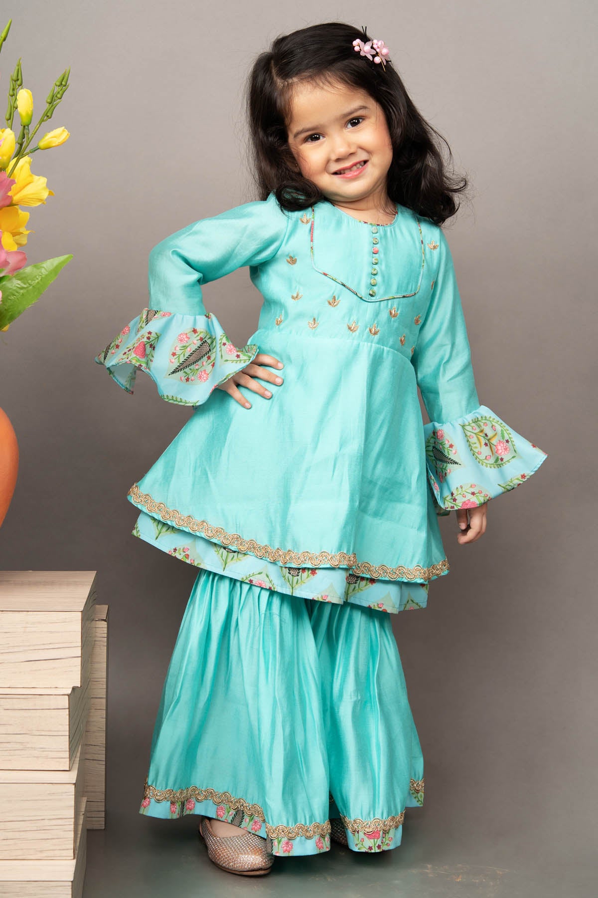 Aqua Blue Embroidered Sharara Set
