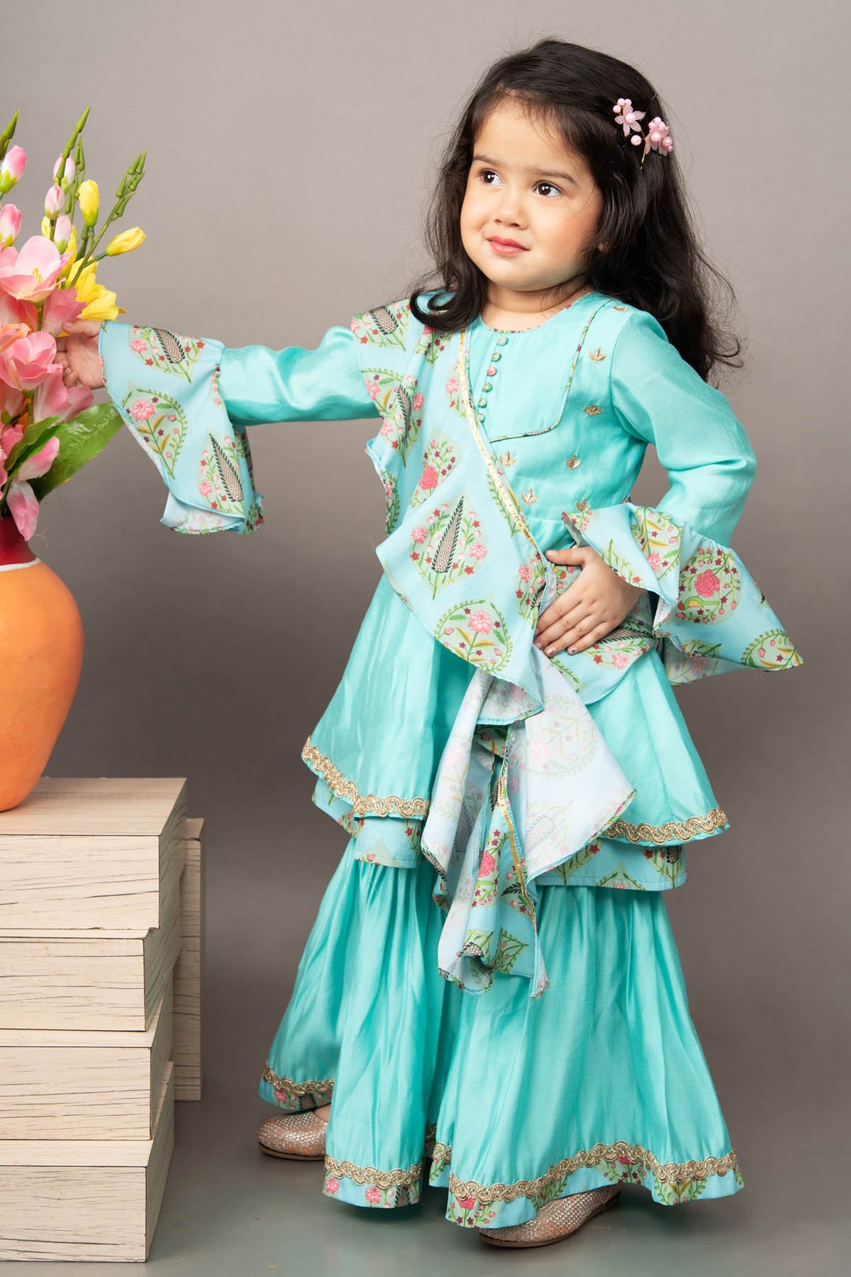 Aqua Blue Embroidered Sharara Set