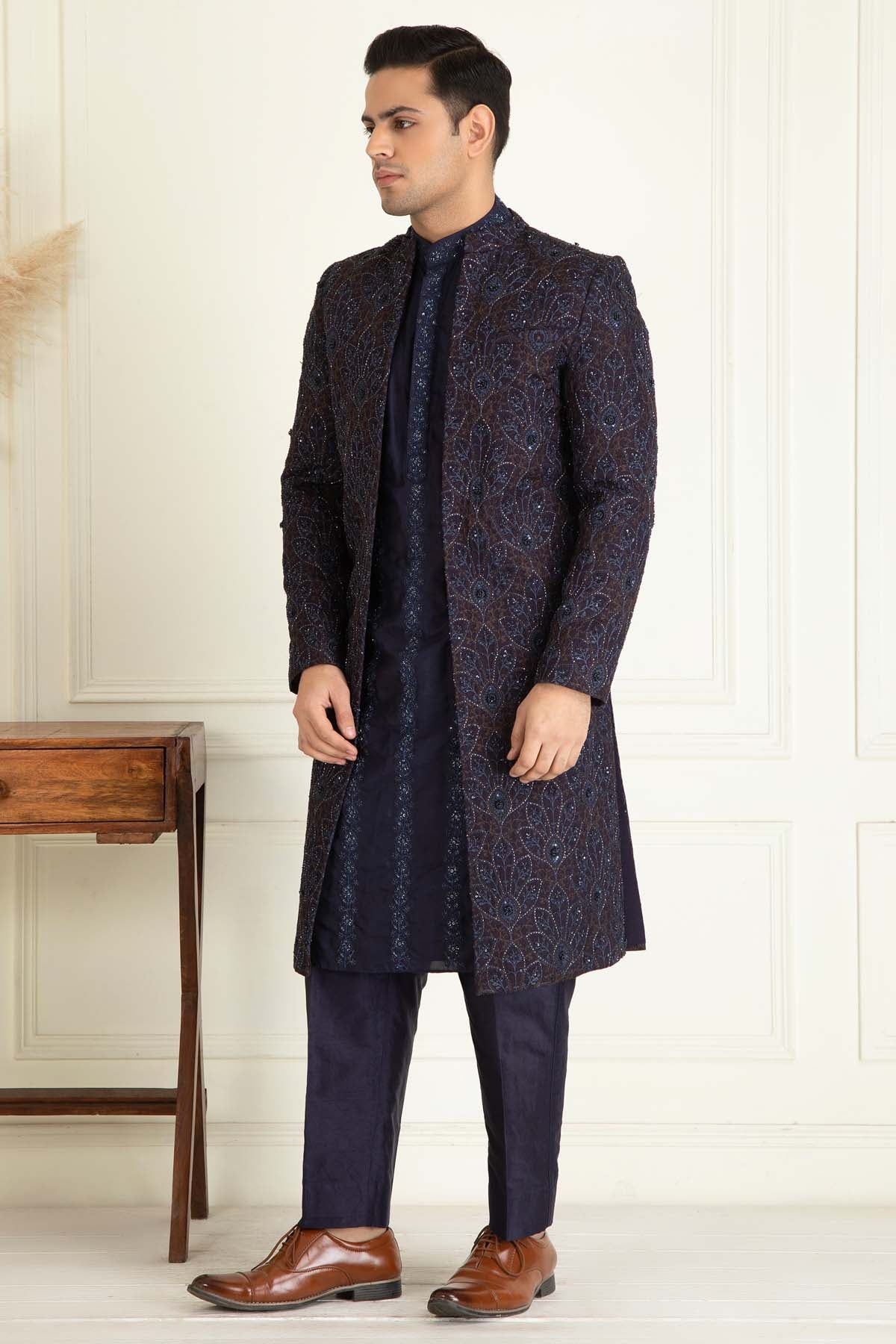 Blue Embroidered Sherwani Set
