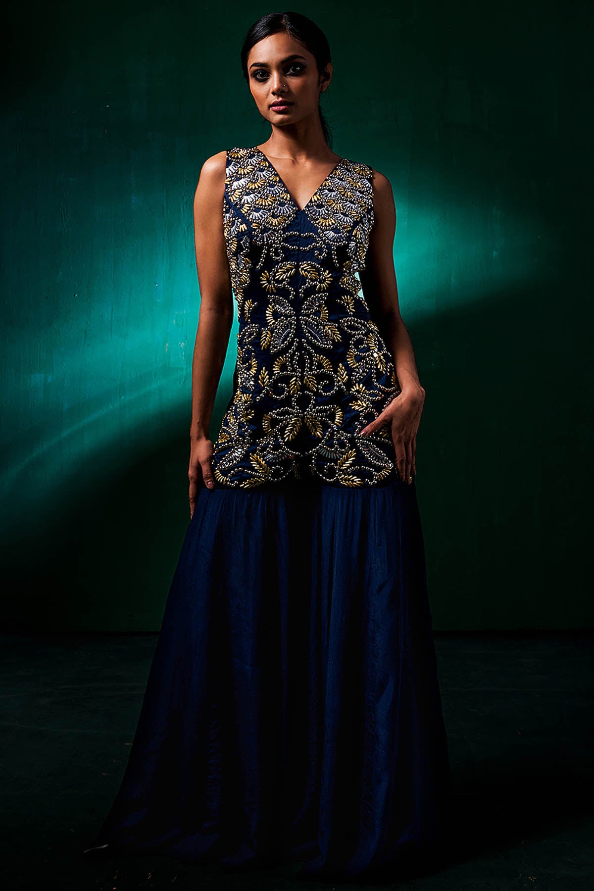 Blue Embroidered Silk Jumpsuit