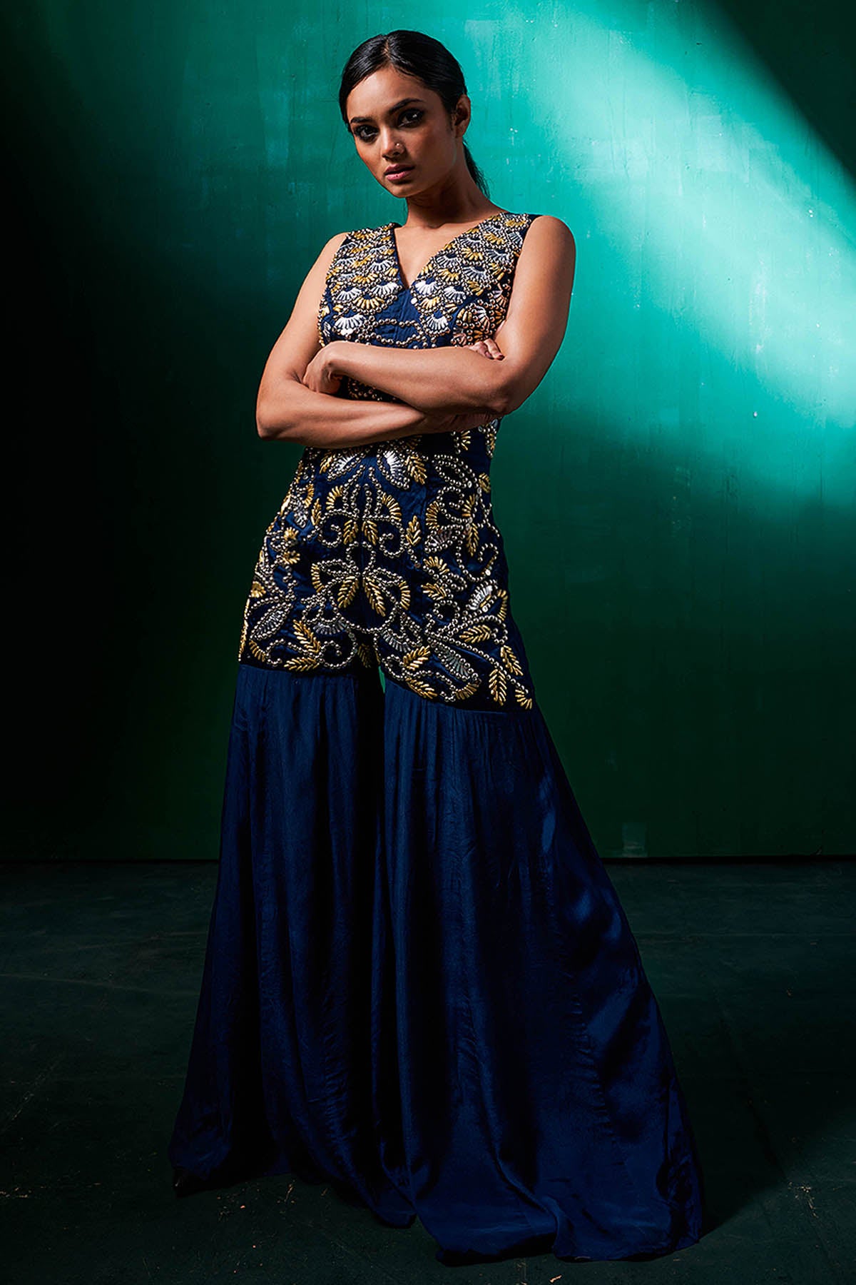 Blue Embroidered Silk Jumpsuit