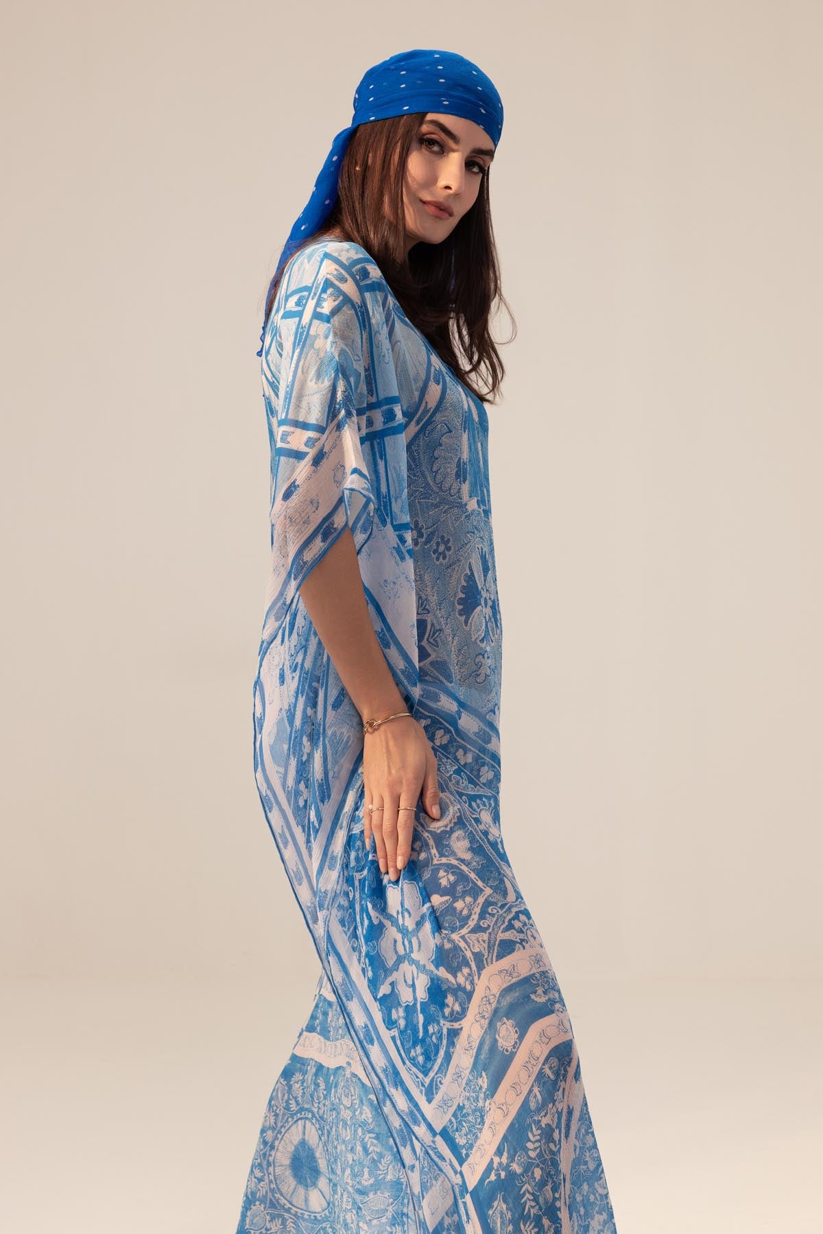 Blue Georgette Print Long Kaftan
