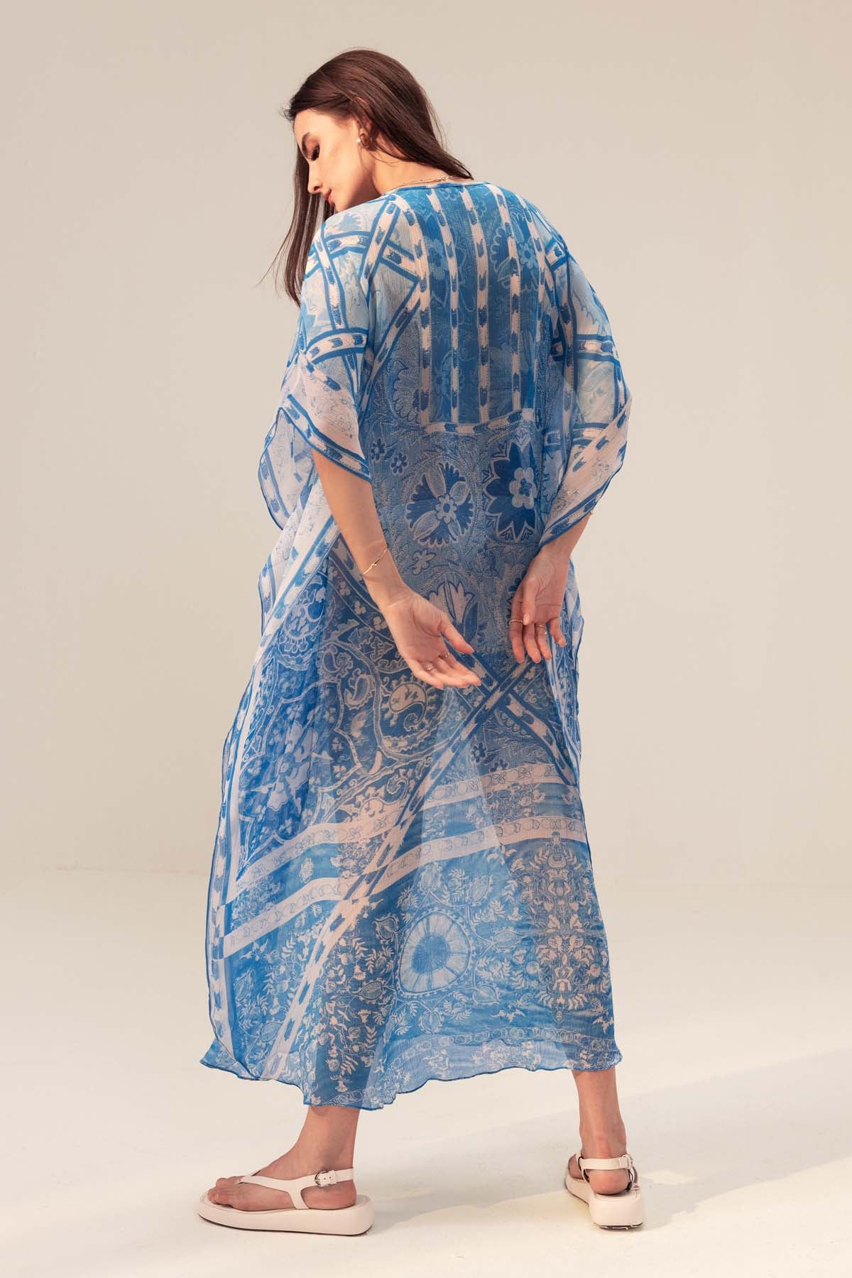 Blue Georgette Print Long Kaftan